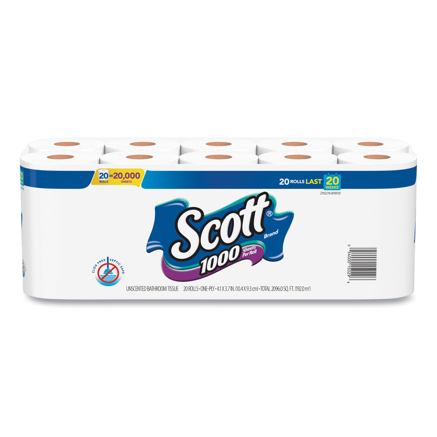  Scott 20032 1000 Bathroom Tissue, Septic Safe, 1-Ply, White, 1000 Sheet/Roll, 20/Pack (KCC20032) 