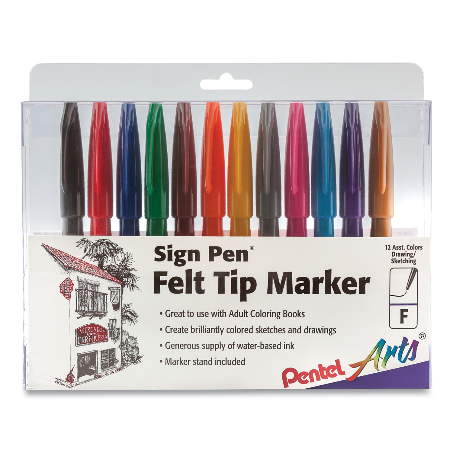  Pentel Arts S52012 Sign Pen Color Marker, Extra-Fine Bullet Tip, Assorted Colors, 12/Set (PENS52012) 