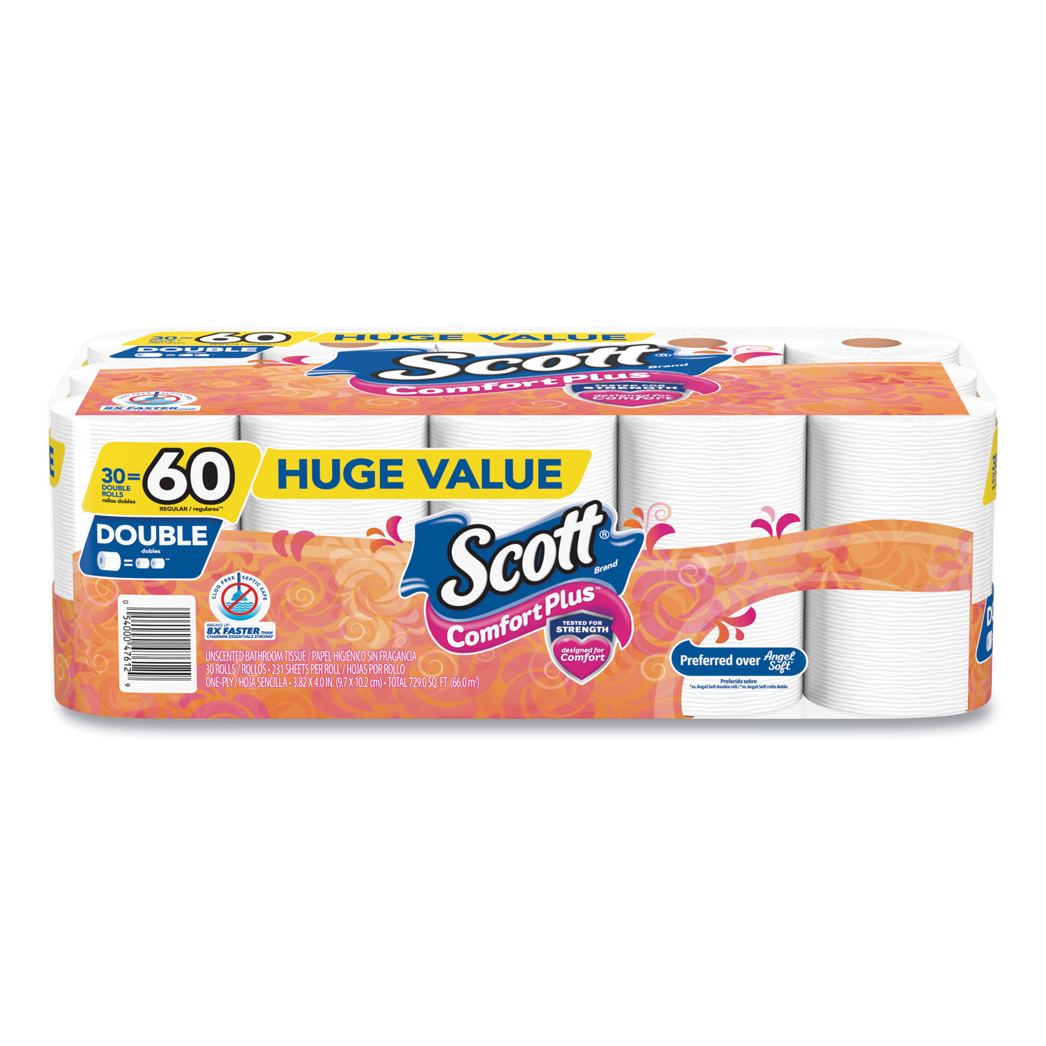  Scott 47612 ComfortPlus Toilet Paper, Double Roll, Bath Tissue, Septic Safe, 1-Ply, White, 231 Sheets/Roll, 30 Rolls/Pack (KCC47612) 