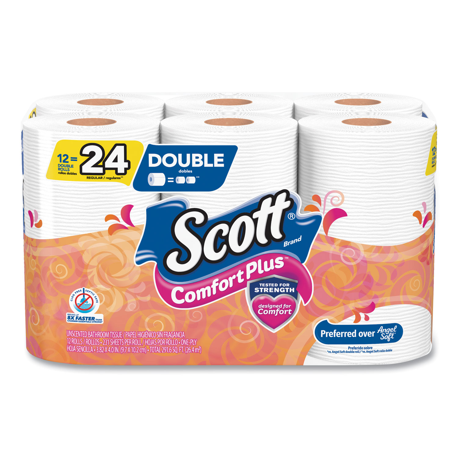  Scott 47618 ComfortPlus Toilet Paper, Double Roll, Bath Tissue, Septic Safe, 1-Ply, White, 231 Sheets/Roll, 12 Rolls/Pack (KCC47618) 