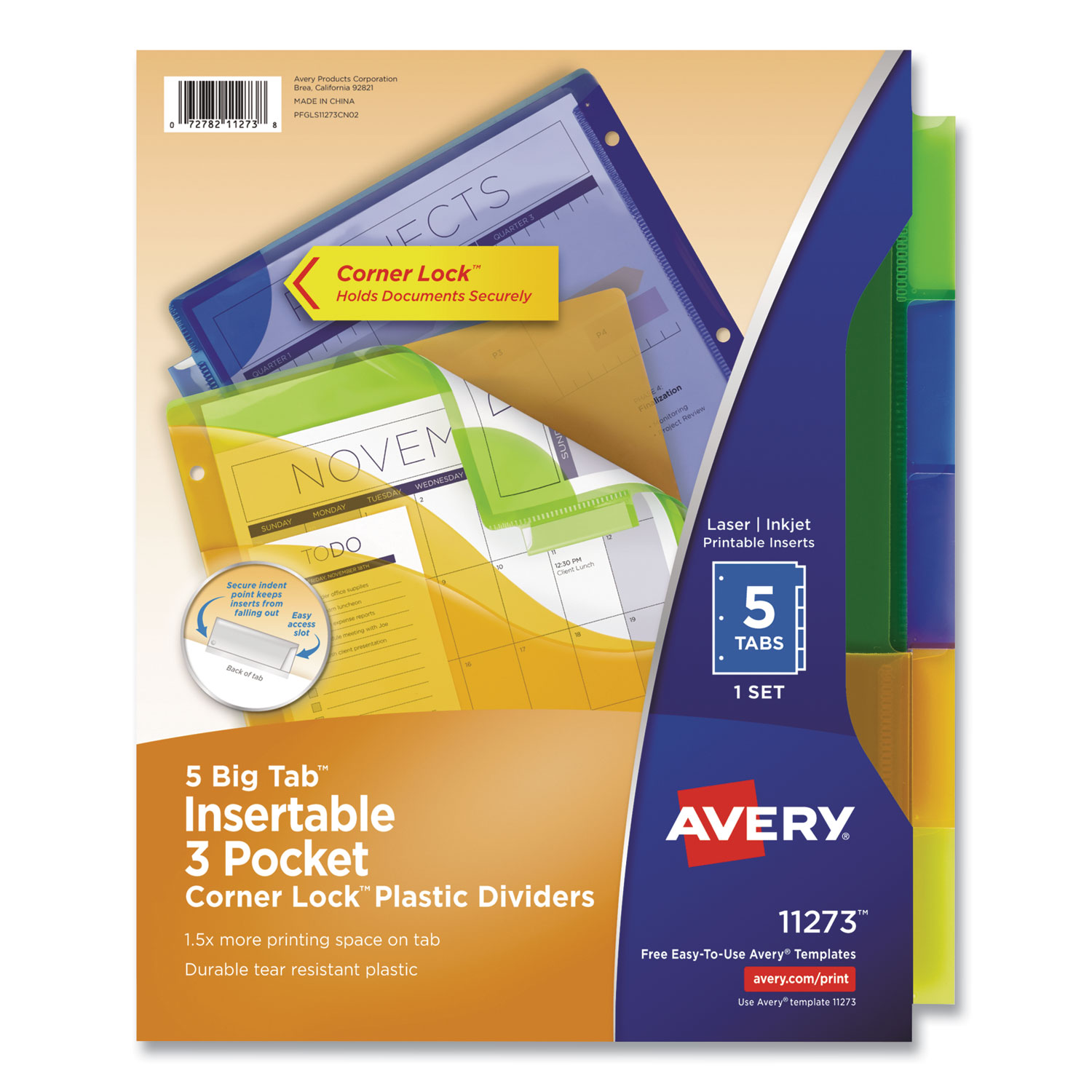  Avery 11273 Insertable Big Tab Plastic Three-Pocket Corner Lock Dividers, 5-Tab, 11.13 x 9.25, Assorted, 1 Set (AVE11273) 
