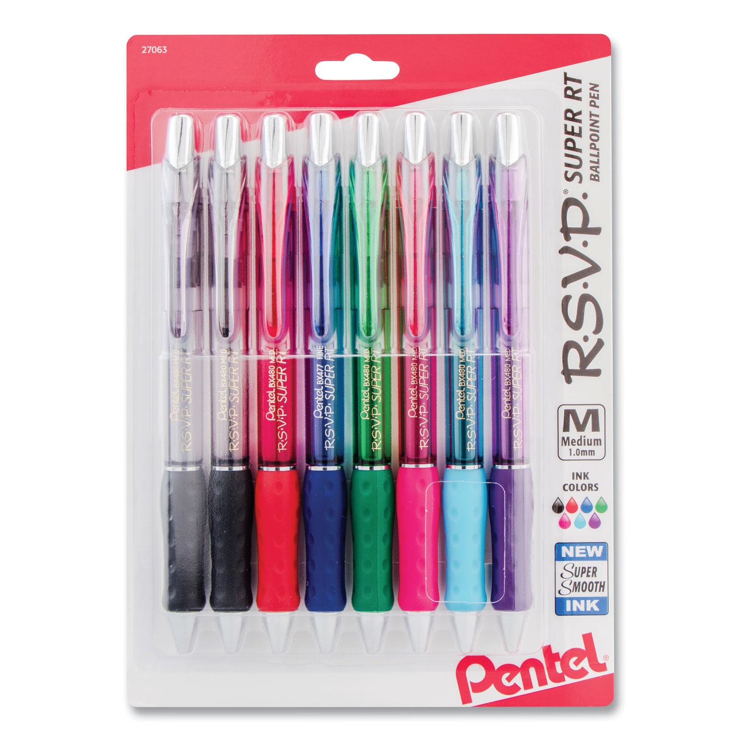 Pentel BX480BP8M R.S.V.P. Super RT Retractable Ballpoint Pen, 1mm, Assorted Ink/Barrel, 8/Pack (PENBX480BP8M) 