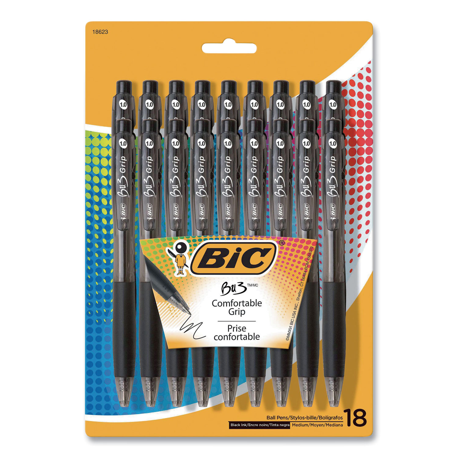 BIC® BU3 Retractable Ballpoint Pen, Medium 1 mm, Black Ink/Barrel, 18/Pack