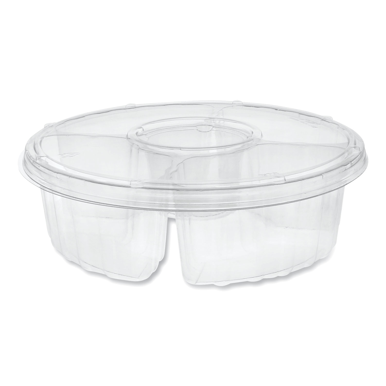 Pactiv Dip Cup Platter, 4-Compartment, 10 dia, 64 oz, Clear, 100/Carton
