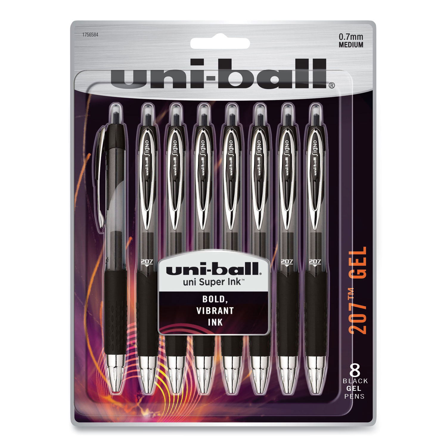 uni-ball® Signo 207 Retractable Gel Pen, Medium 0.7 mm, Black Ink, Translucent Black Barrel, 8/Pack