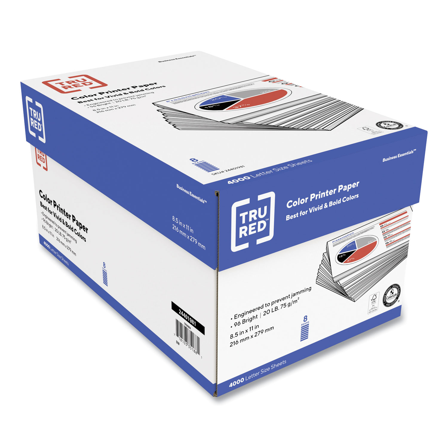 Color Printer Paper, 96 Bright, 20 lb Bond Weight, 8.5 x 11, 500 Sheets/Ream, 8 Reams/Carton