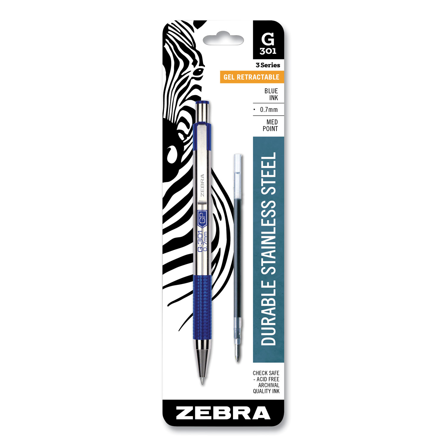 G-301 Retractable Gel Pen, Medium 0.7 mm, Blue Ink, Stainless Steel/Blue Barrel