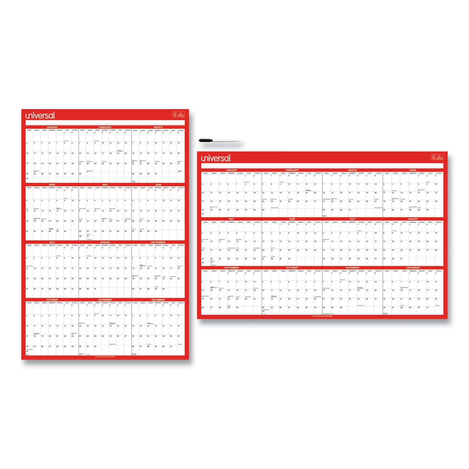  Universal 71004 Erasable Wall Calendar, 24 x 36, White/Red, 2021 (UNV71004) 