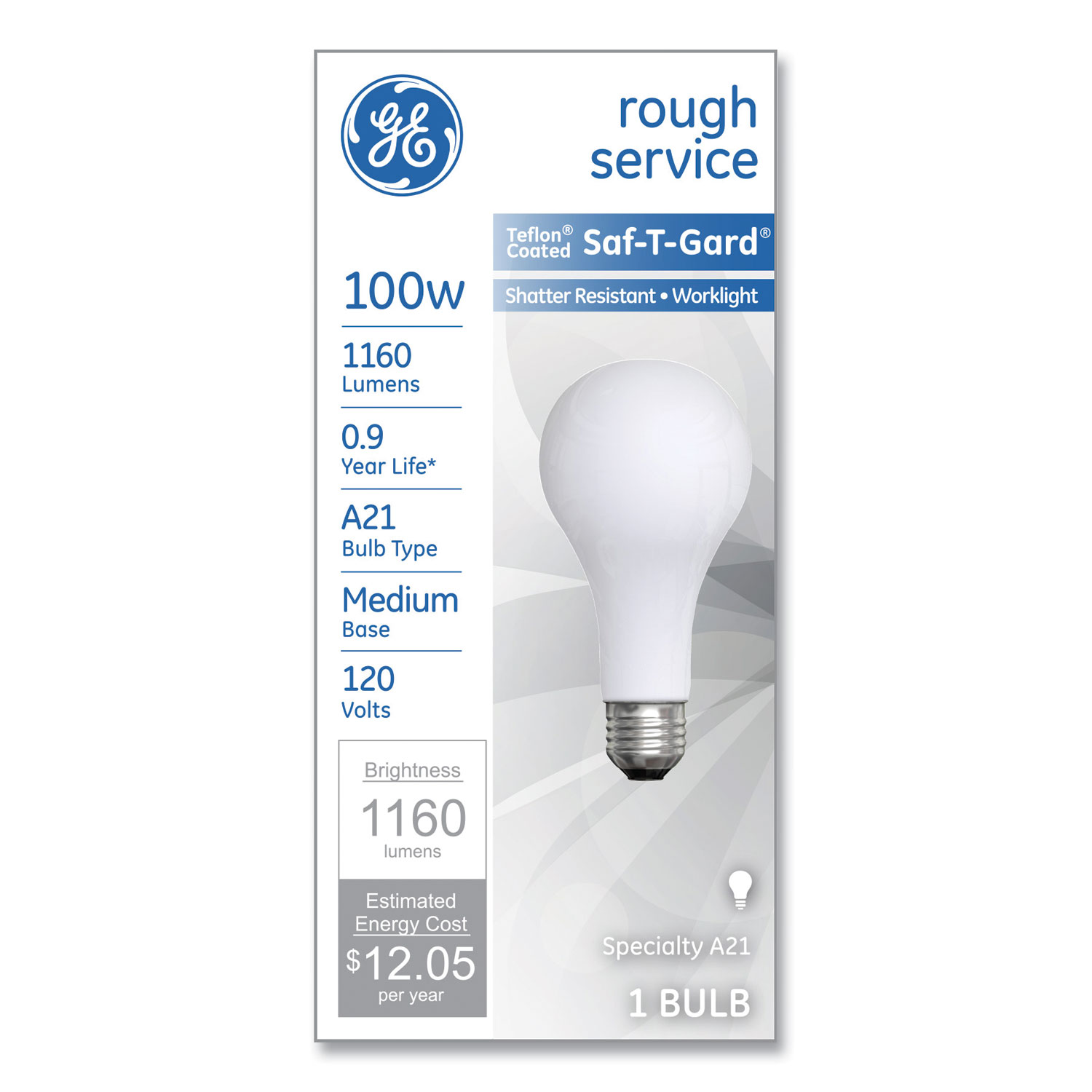  GE 47261 Rough Service Incandescent Worklight Bulb, A21, 100 W, 1,160 lm (GEL47261) 