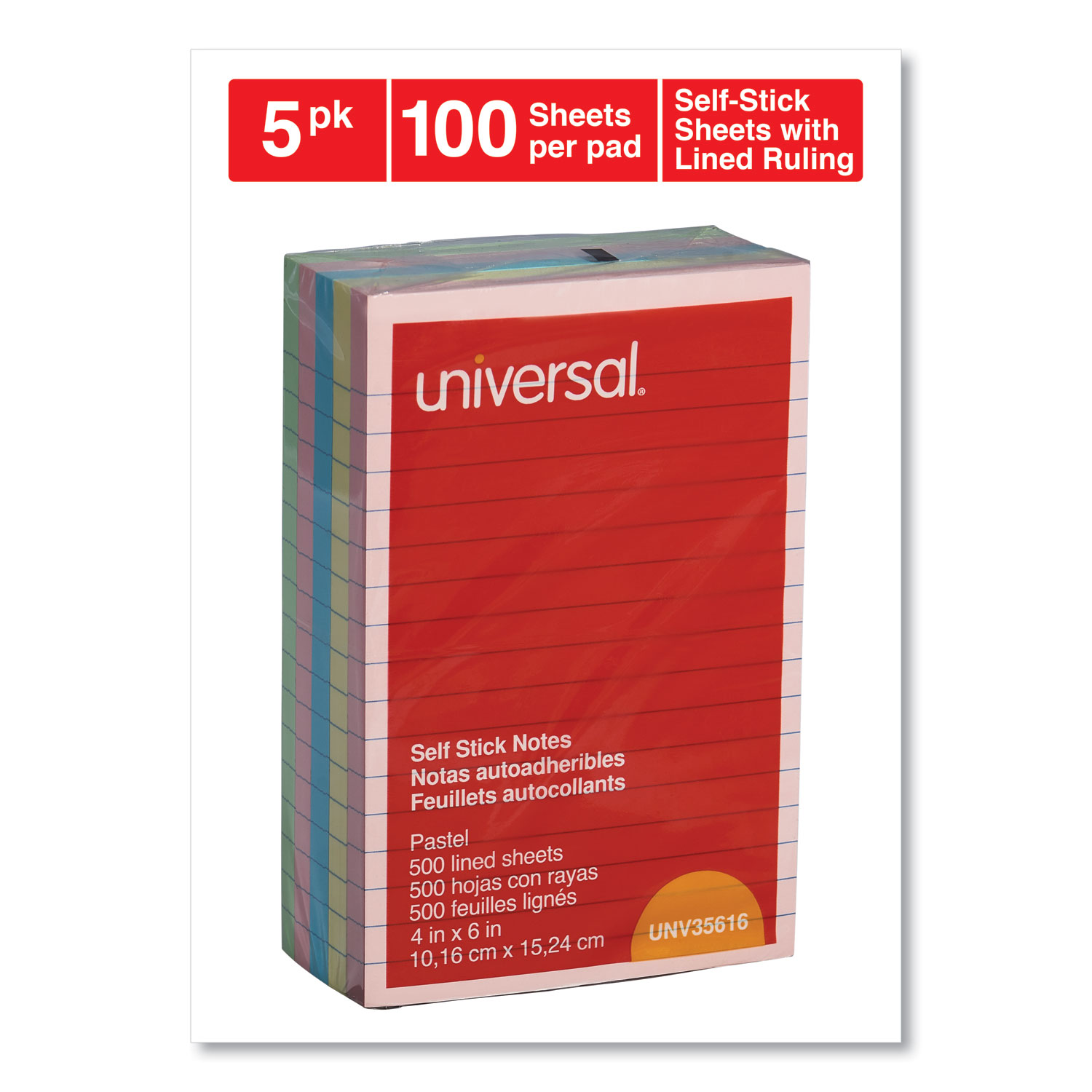 Universal Self-Stick Note Pads, 4 x 6, Lined, Assorted Pastel Colors, 100-Sheet, 5/Pk (UNV35616)