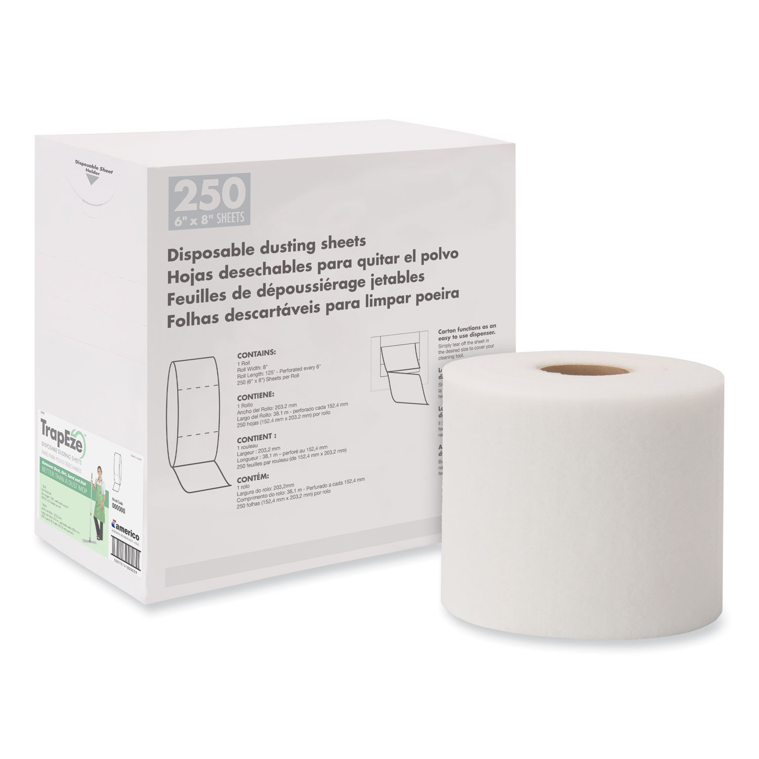 Boardwalk® TrapEze Disposable Dusting Sheets, 8 x 125 ft, White, 250 Sheets/Roll,