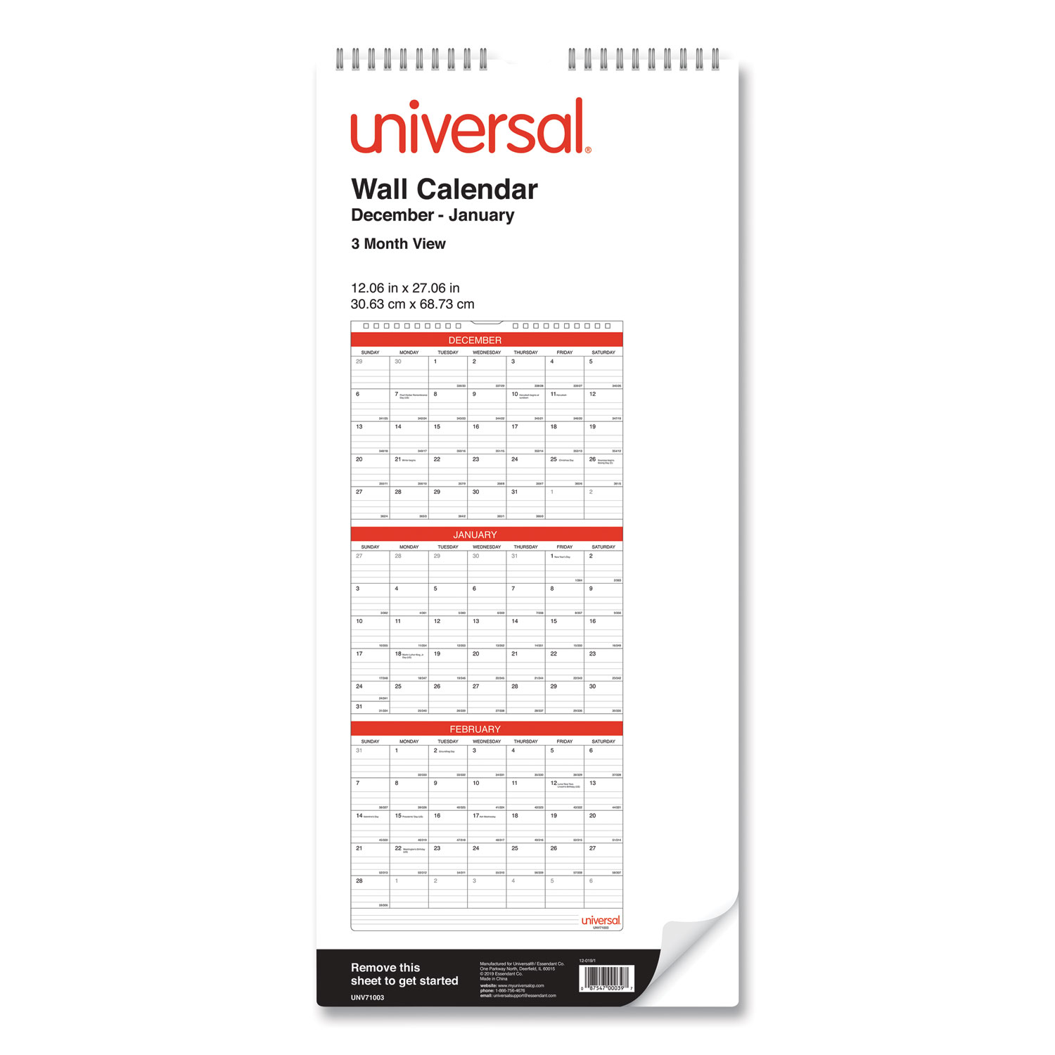 Universal® Three-Month Wall Calendar, White/Black/Red, 12 x 27, 2021