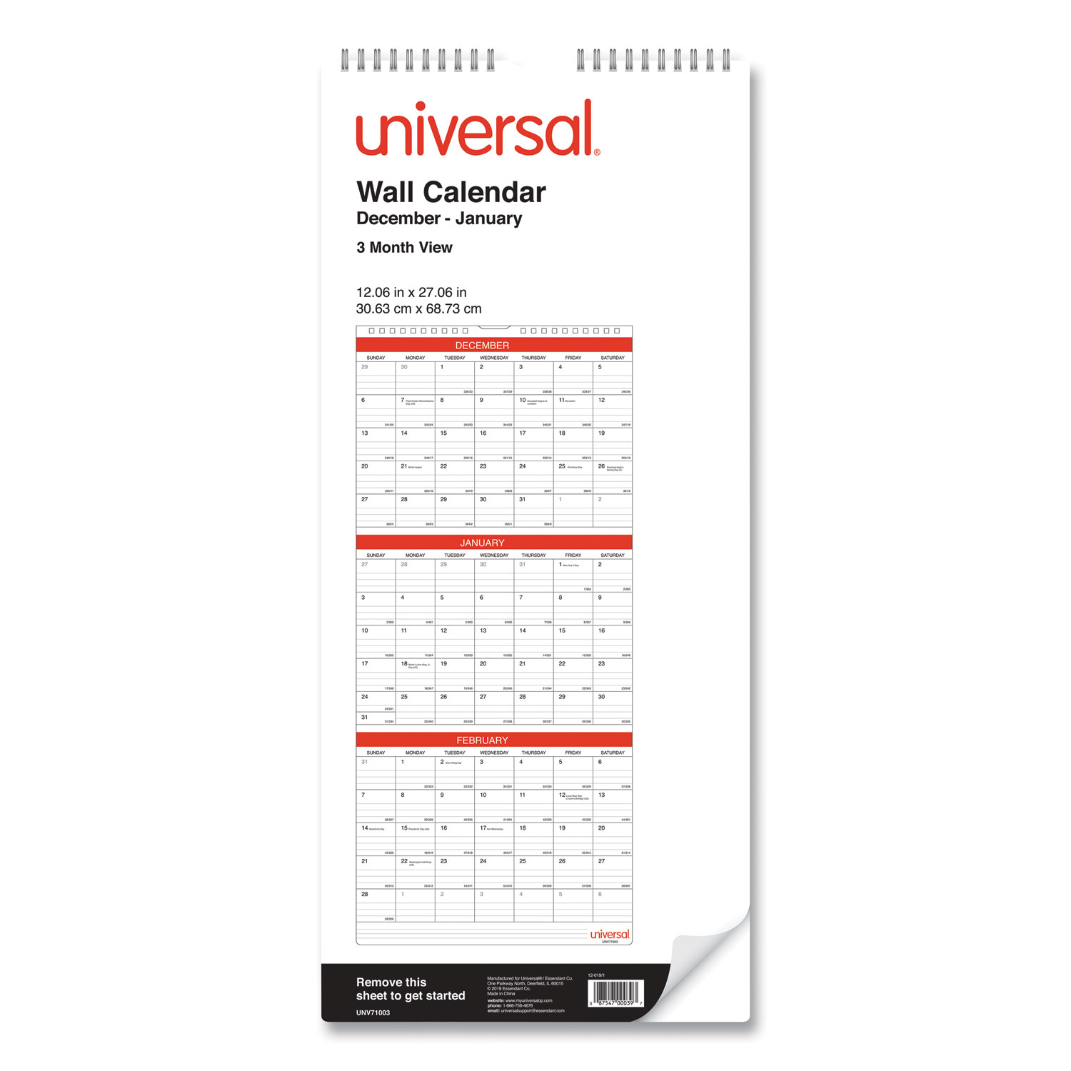 Three-Month Wall Calendar, 12 x 27, White/Red Sheets, 14-Month: Dec 2025 to Jan 2026 - ASE Direct