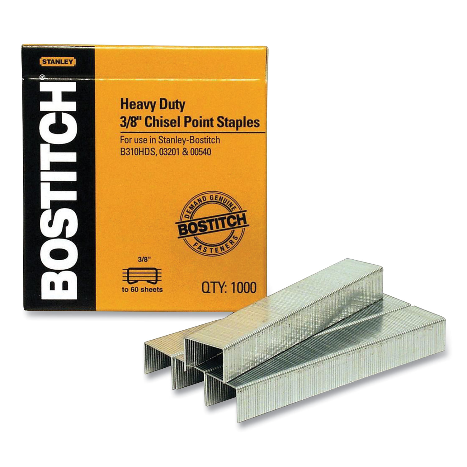  Bostitch SB35381M Heavy-Duty Premium Staples, 0.38 Leg, 0.5 Crown, Carbon Steel, 1,000/Box (BOS104604) 