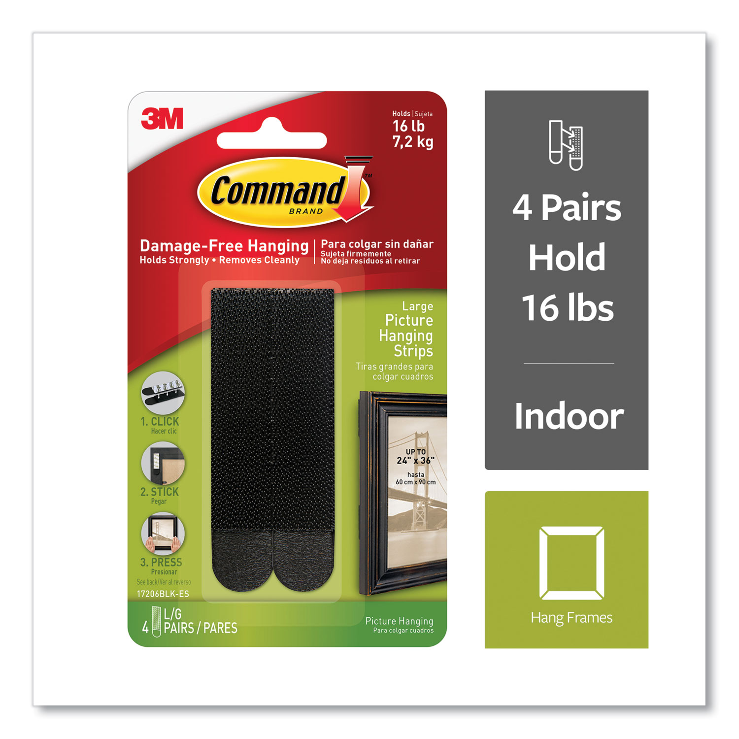 Command™ Picture Hanging Strips, Removable, 0.75 x 3.65, Black, 4 Pairs/Pack