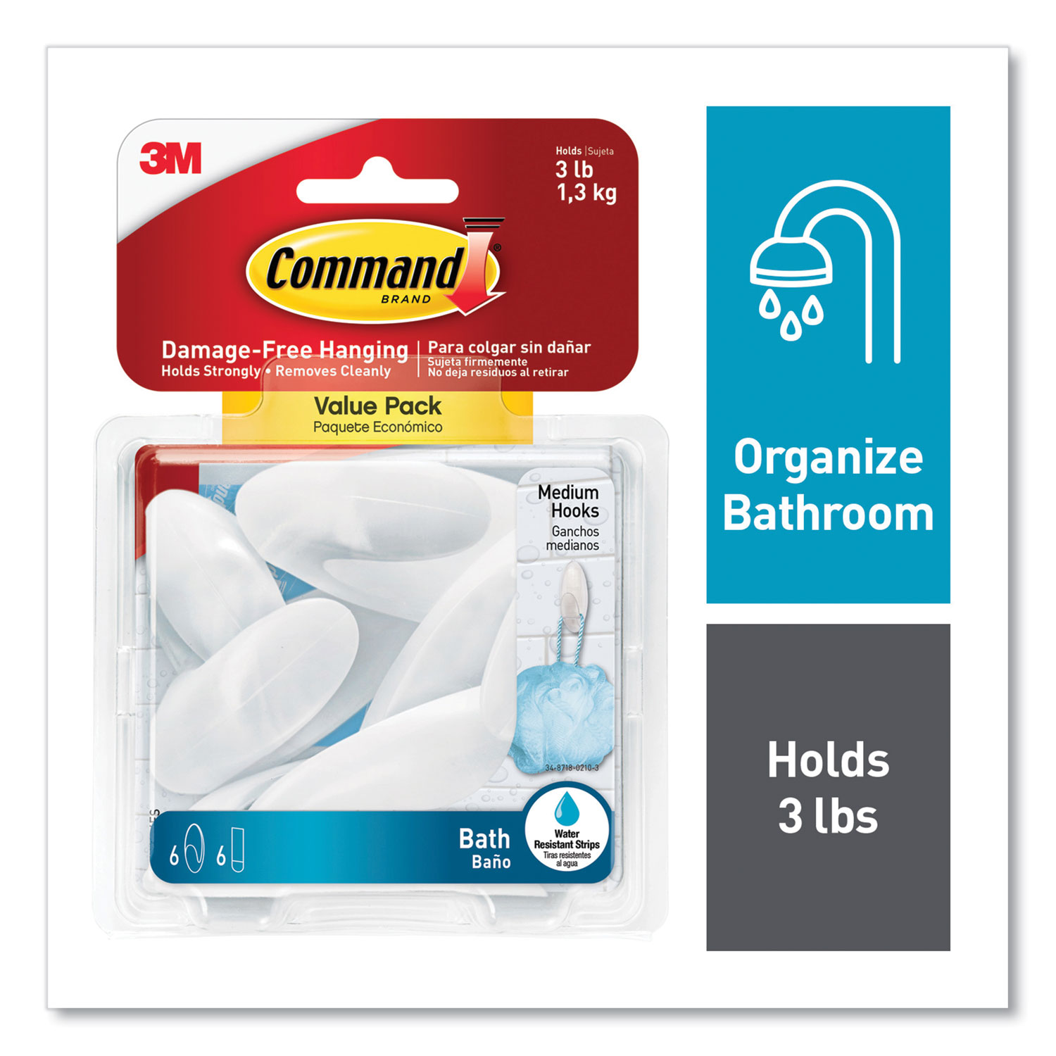 Command™ Medium Bath Hooks Value Pack, Plastic, White, 3 lb Capacity, 6 Hooks and 6 Strips