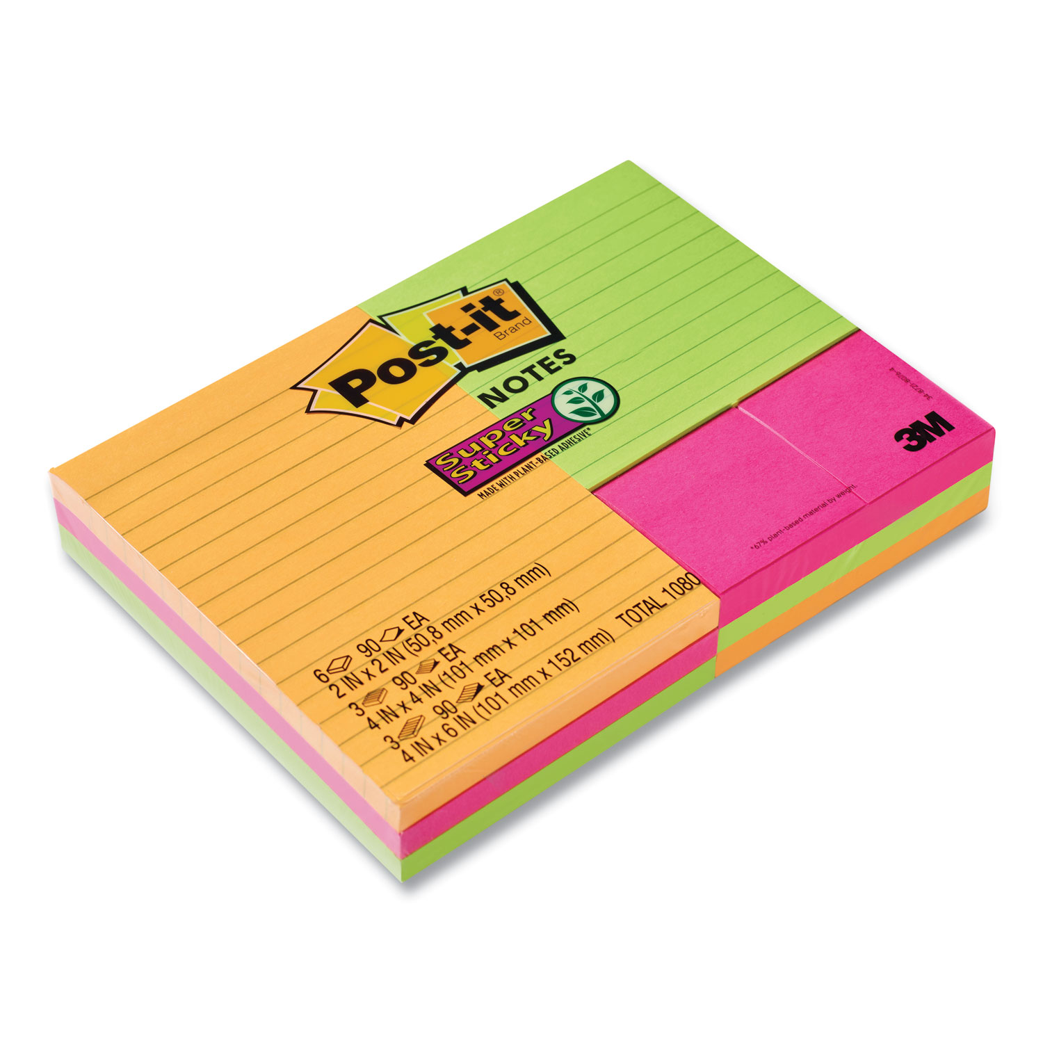 Post-it® Notes Super Sticky Pads in Rio de Janeiro Colors, Combo Pack, 6 Plain 1.88 x 1.88, 3 Lined 4 x 4, 3 Lined 4 x 6, 90 Sheets/Pad, 12 Pads/Pack