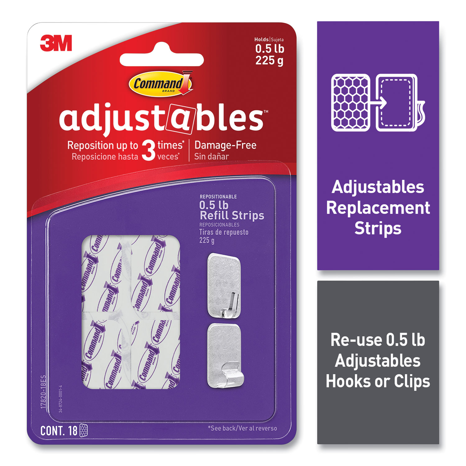  Command 17820-18ES Adjustables Repositionable Mini Refill Strips, Holds up to 0.5 lb, 1.03 x 1.32, White, 18 Strips (MMM24399718) 