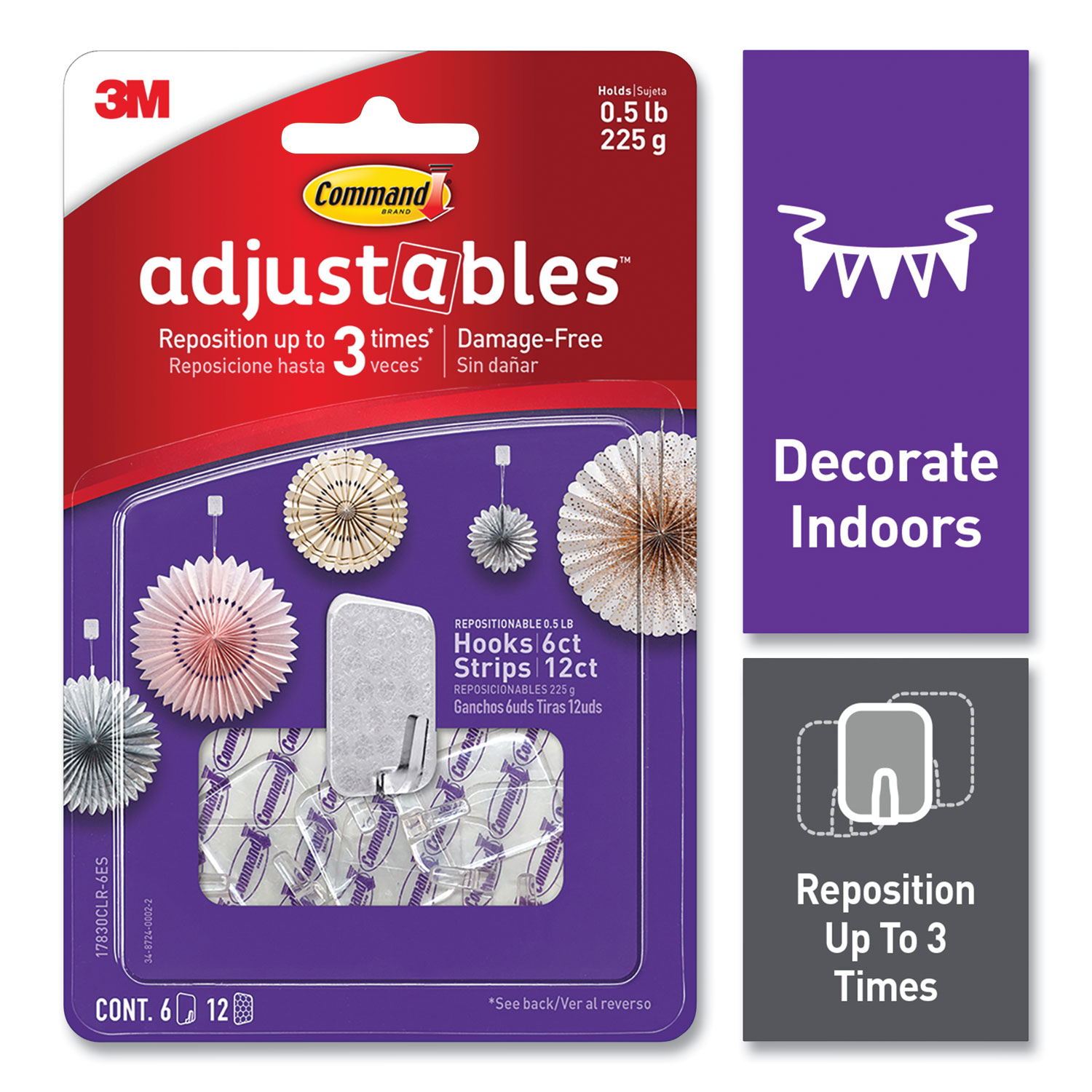  Command 17830CLR-6ES Adjustables Repositionable Mini Hooks, Plastic, White, 0.5 lb Capacity, 6 Hooks and 12 Strips (MMM24399719) 