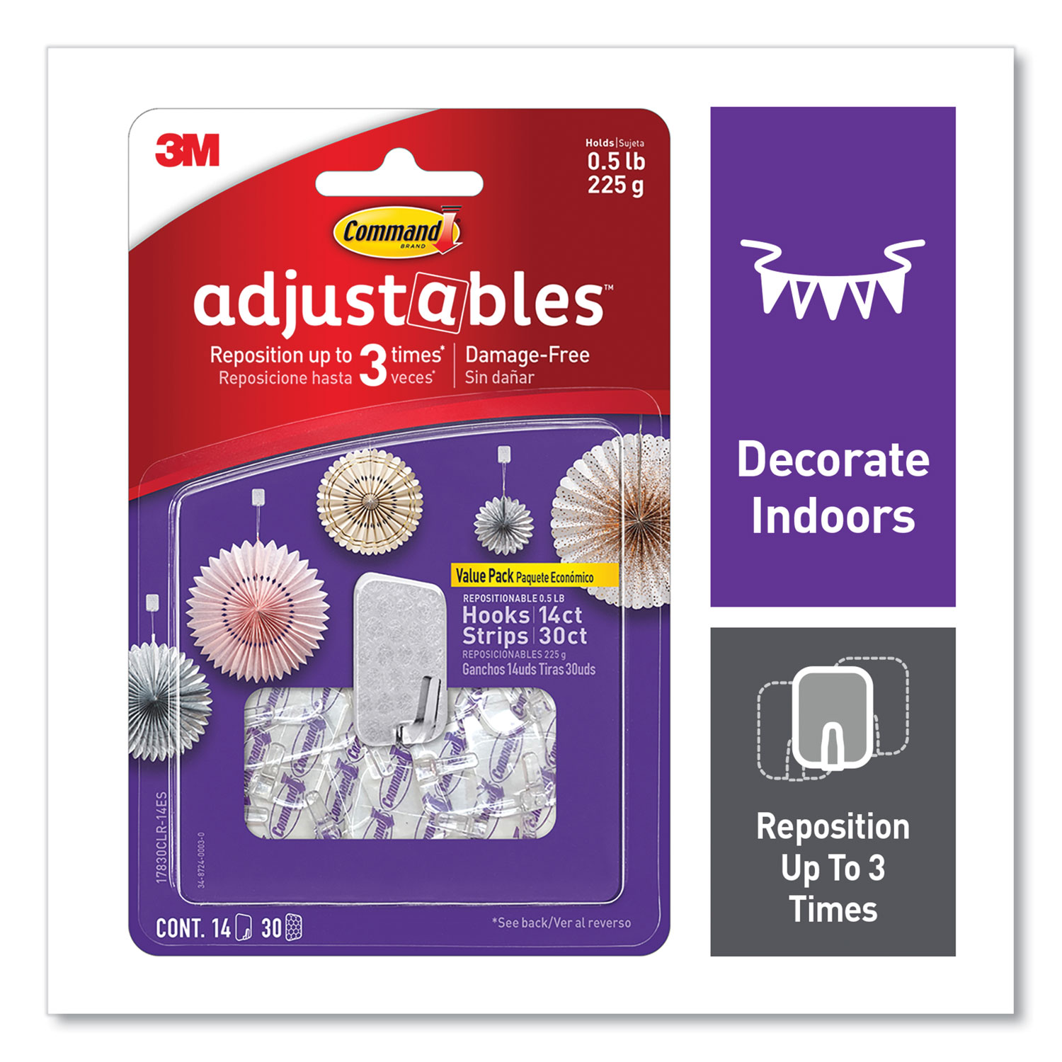  Command 17830CLR-14ES Adjustables Repositionable Mini Hooks, Plastic, White, 0.5 lb Capacity, 14 Hooks and 30 Strips (MMM24399720) 