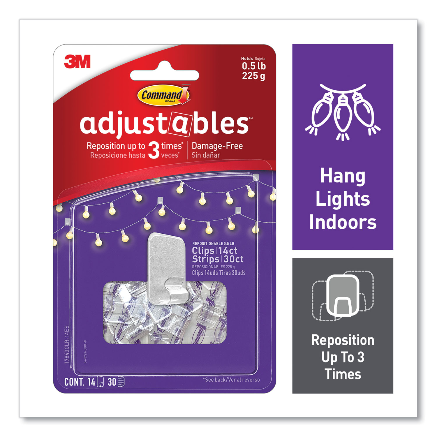  Command 17840CLR-14ES Adjustables Repositionable Mini Clips, Plastic, White, 0.5 lb Capacity, 14 Clips and 12 Strips (MMM24399721) 