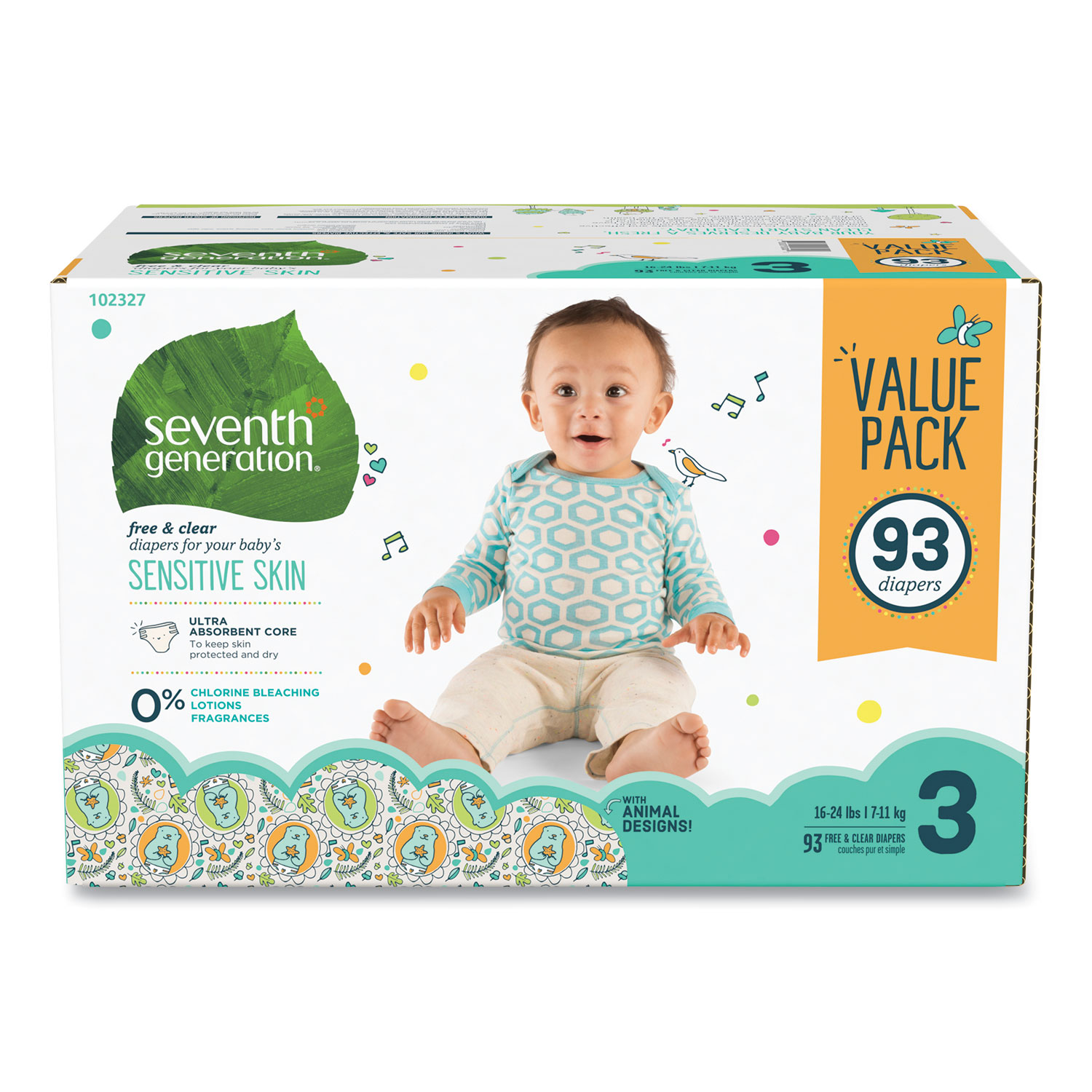  Seventh Generation 44122 Free and Clear Baby Diapers, Size 3, 16 lbs to 24 lbs, 93/Carton (SEV24400163) 