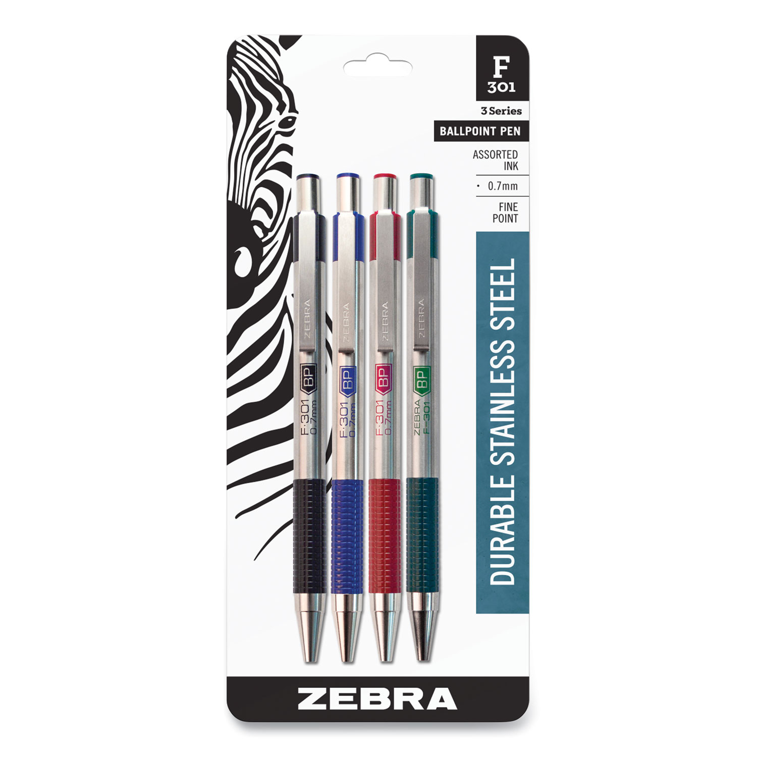 Zebra® F-301 Retractable Ballpoint Pen, 0.7 mm, Assorted Color Ink, Stainless Steel/Assorted Color Barrel, 4/Pack