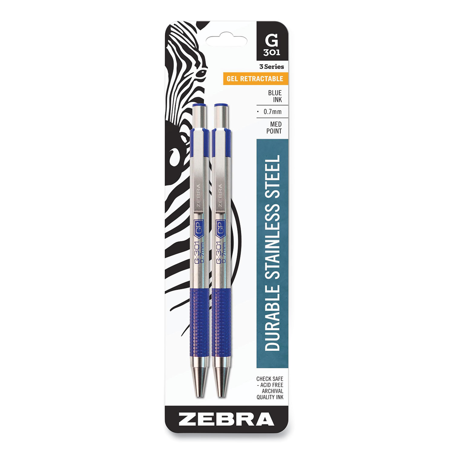 Zebra® G-301 Retractable Gel Pen, Medium 0.7 mm, Blue Ink, Stainless Steel/Blue Barrel, 2/Pack
