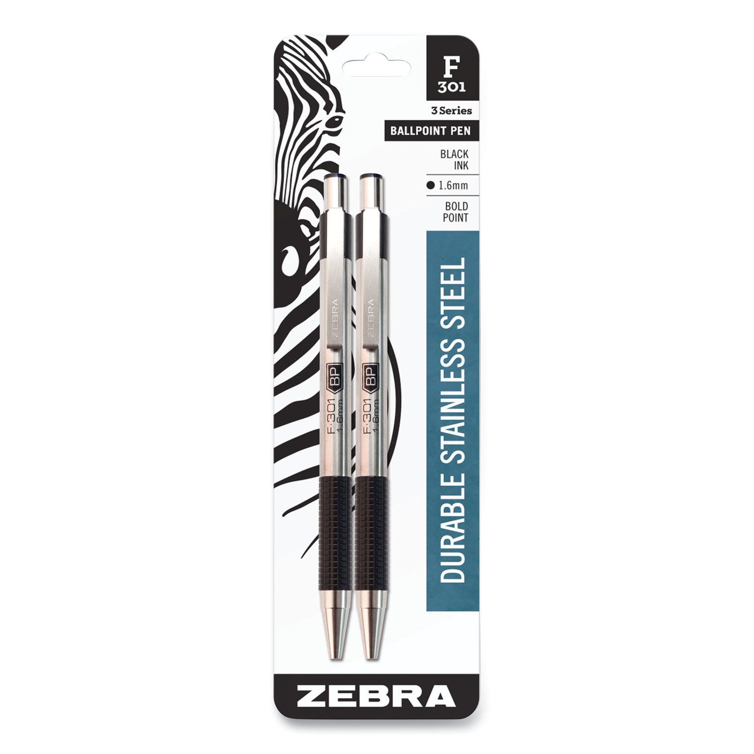 Zebra® F-301 Retractable Ballpoint Pen, 1.6 mm, Black Ink, Stainless Steel/Black Barrel, 2/Pack