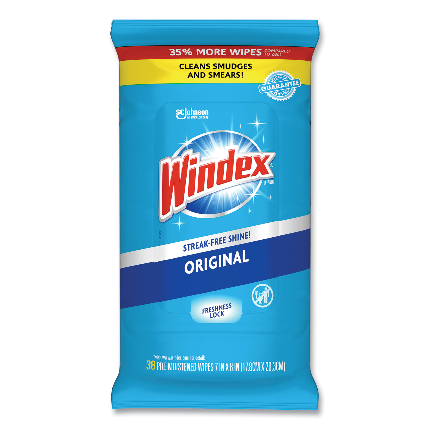 Windex® Glass and Surface Wet Wipe, Cloth, 7 x 8, 38/Pack