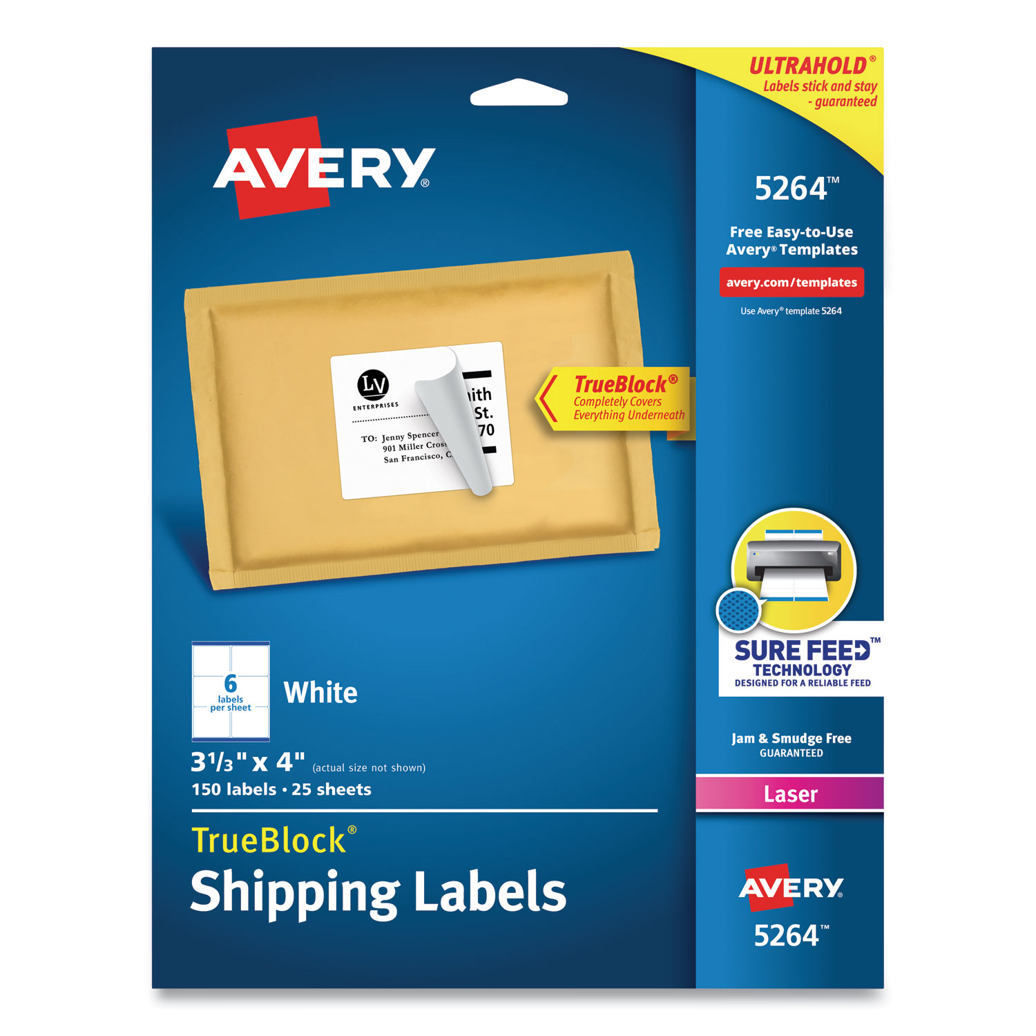 Shipping Labels w/ TrueBlock Technology, Laser Printers, 3.33 x 4, White, 6/Sheet, 25 Sheets/Pack