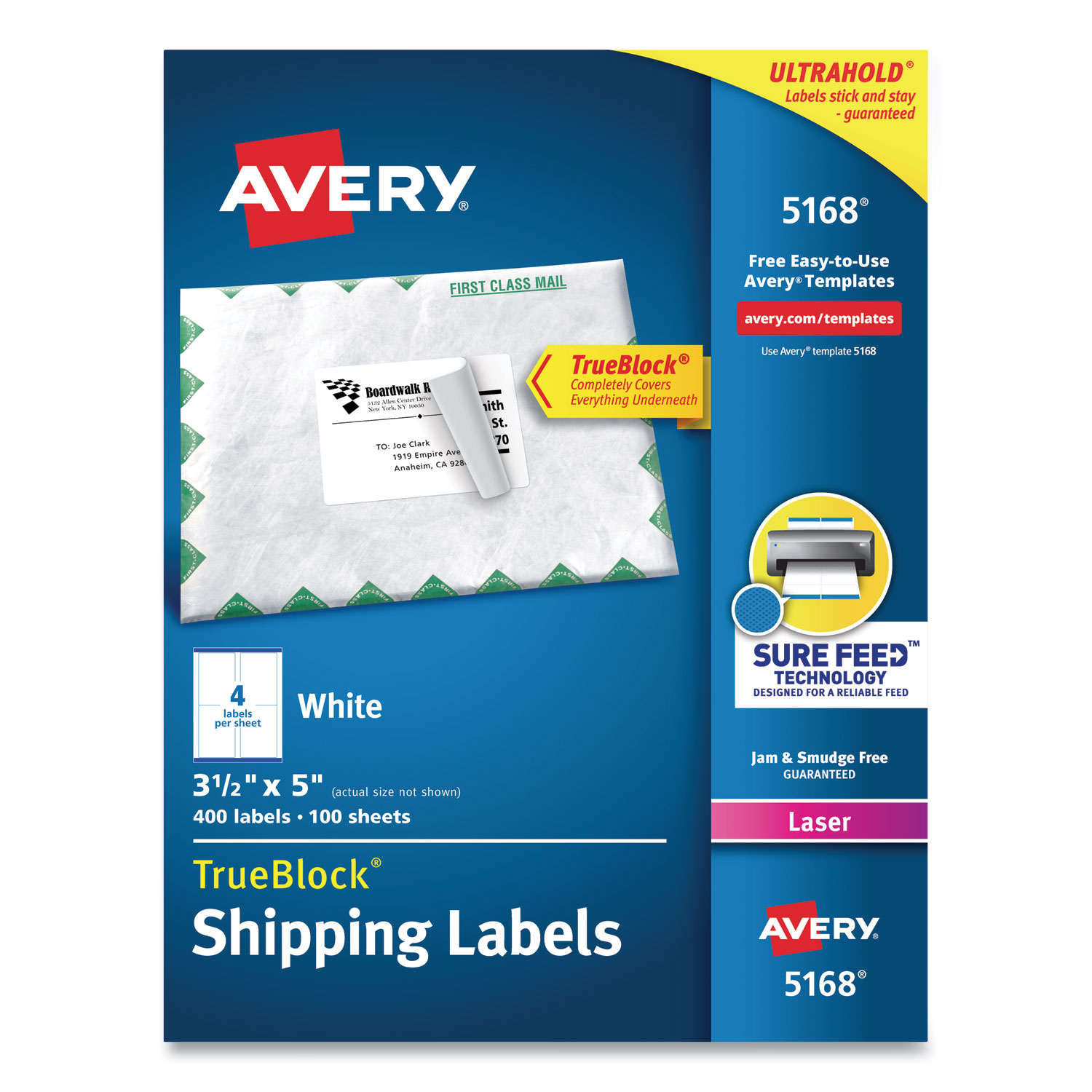 Shipping Labels w/ TrueBlock Technology, Laser Printers, 3.5 x 5, White, 4/Sheet, 100 Sheets/Box