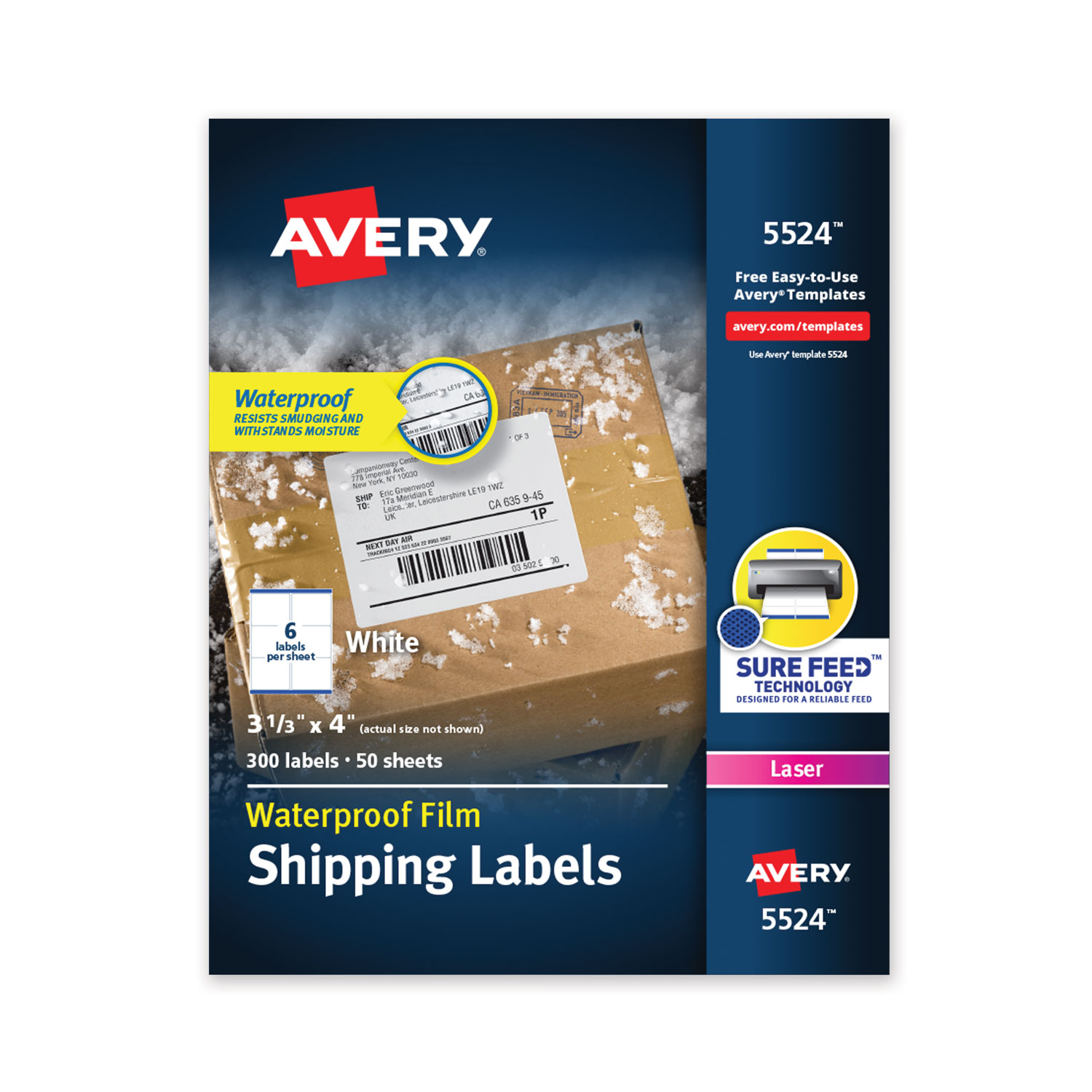 Waterproof Shipping Labels with TrueBlock and Sure Feed, Laser Printers, 3.33 x 4, White, 6/Sheet, 50 Sheets/Pack
