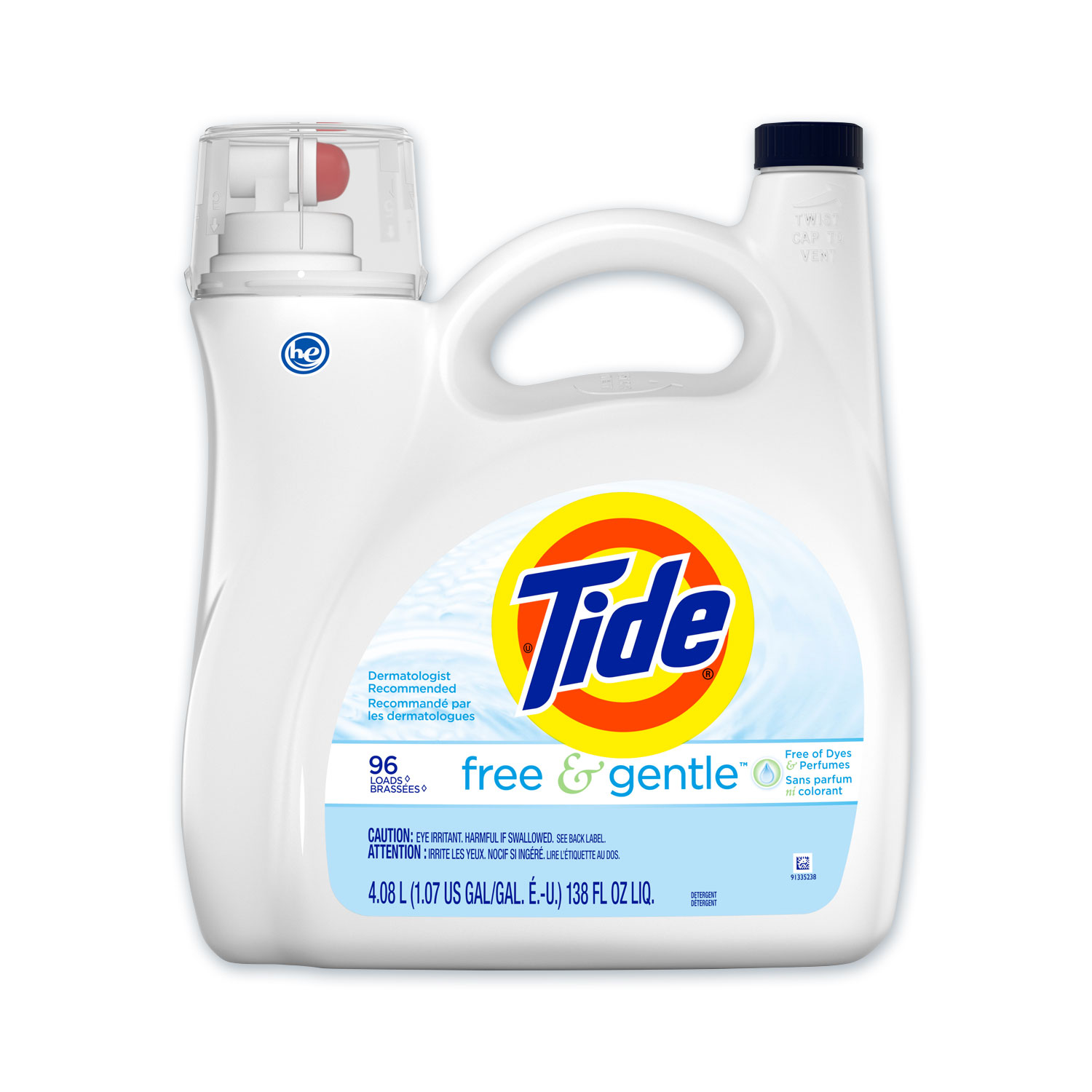 Tide® Free and Gentle Liquid Laundry Detergent, 96 Loads, 138 oz Pump Bottle, 4/Carton