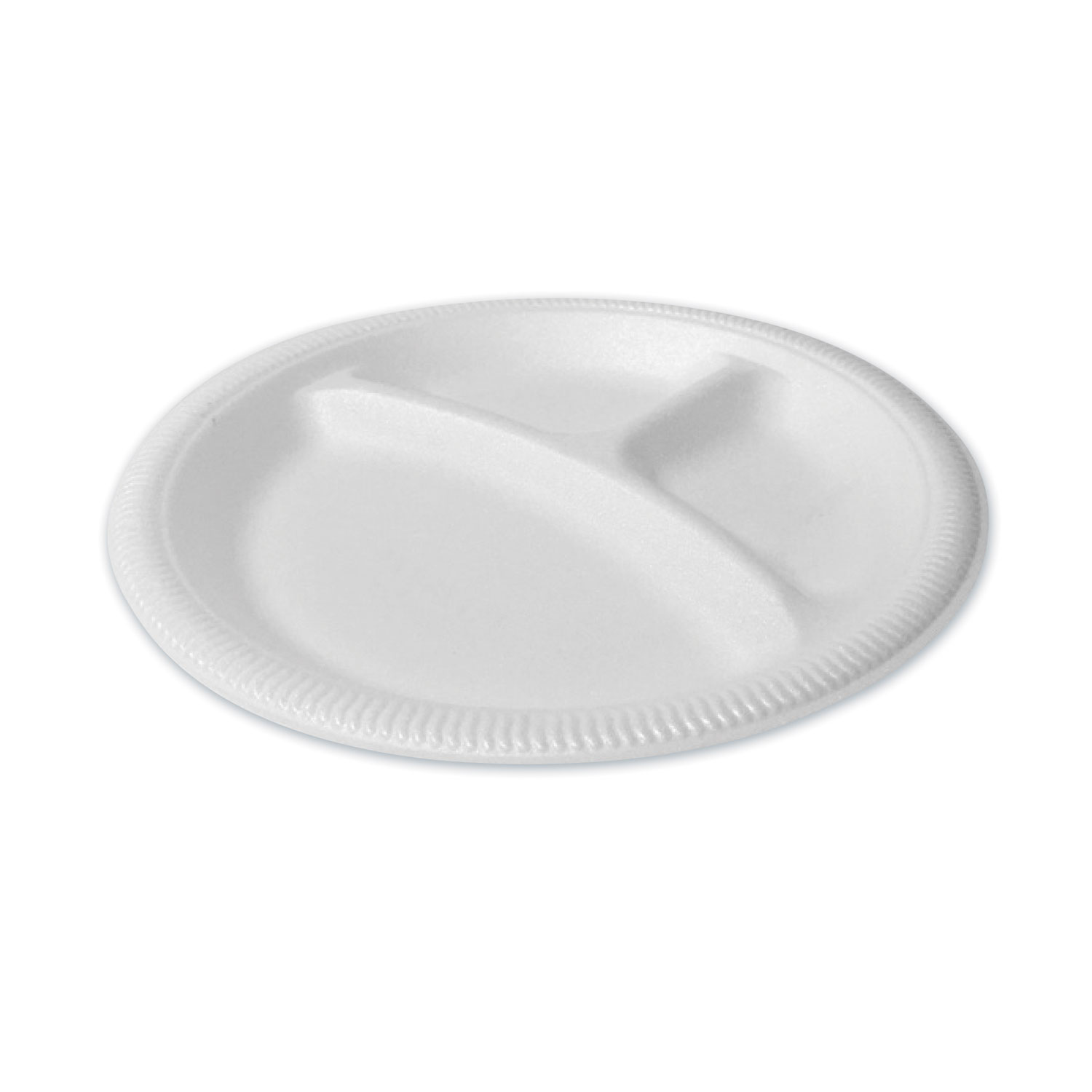 Foam Dinnerware, Plate, 3-Compartment, 9 dia, Poly Bag, White, 125/Sleeve,  4 Sleeves/Bag, 1 Bag/Pack