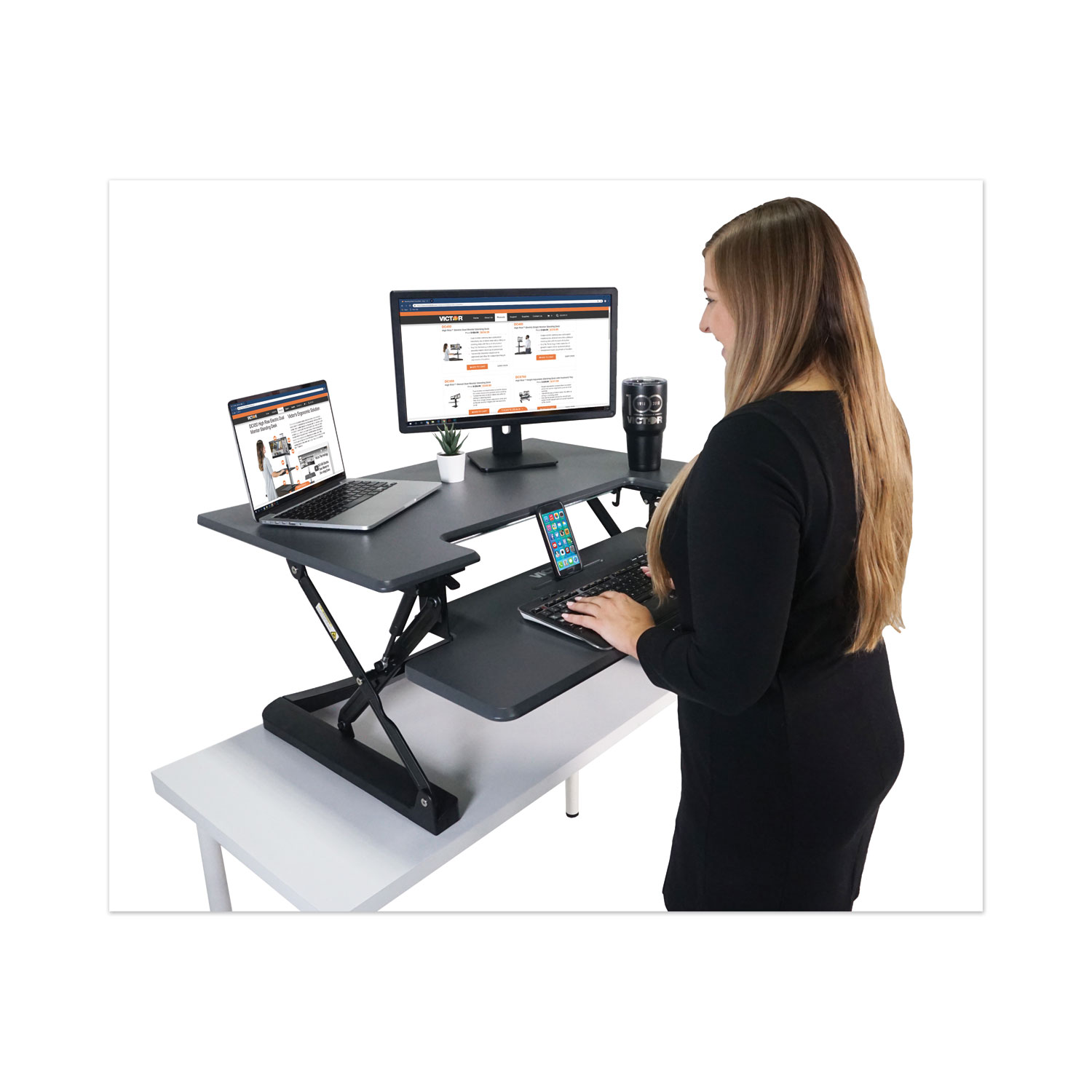 Victor® High Rise Height Adjustable Standing Desk with Keyboard Tray, 36w x 31.25d x 20h, Gray/Black
