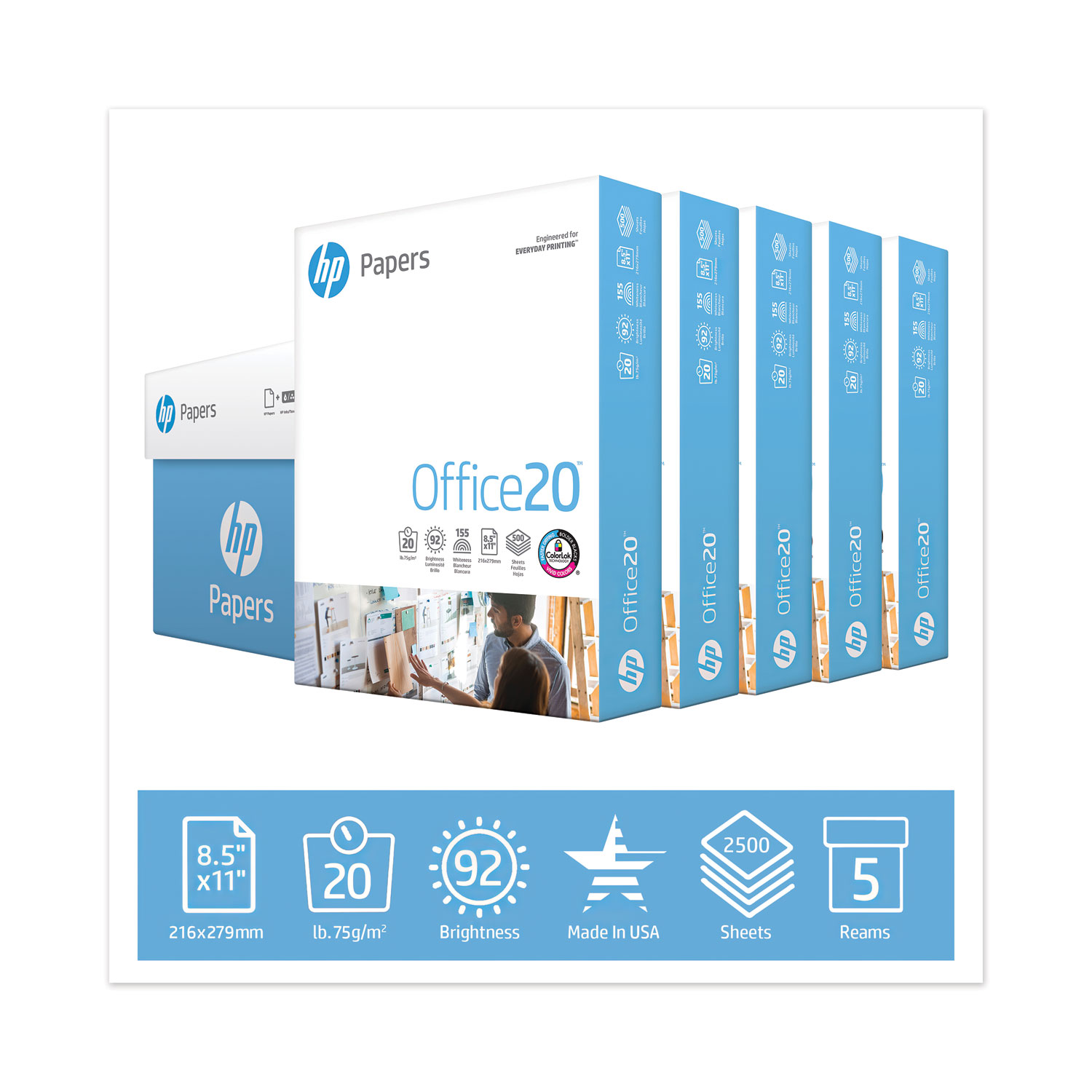 HP Papers Office20 Paper, 92 Bright, 20lb, 8.5 x 11, White, 500