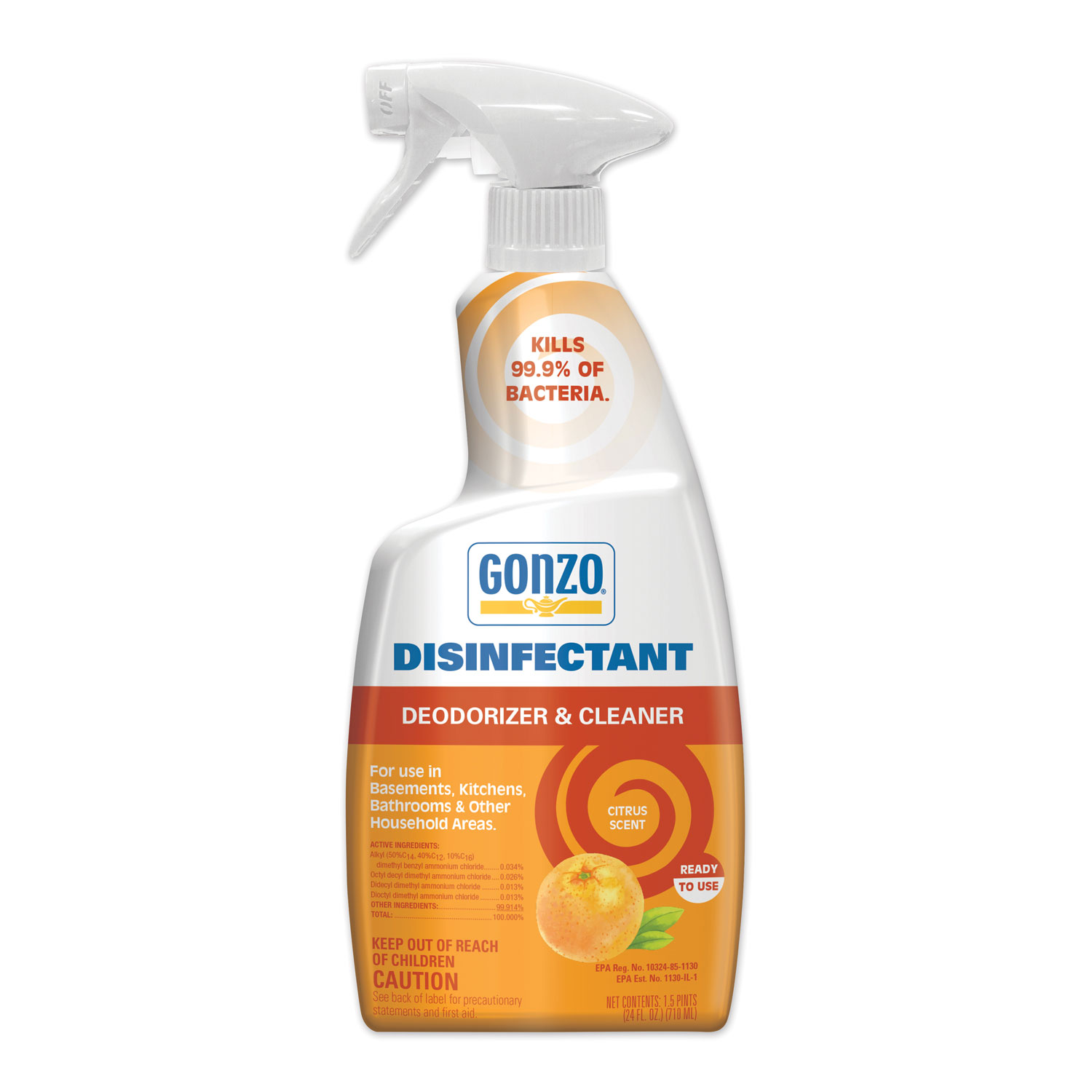 Gonzo® Disinfectant Deodorizer and Cleaner, Citrus Scent, 24 oz Spray Bottle, 6/Carton