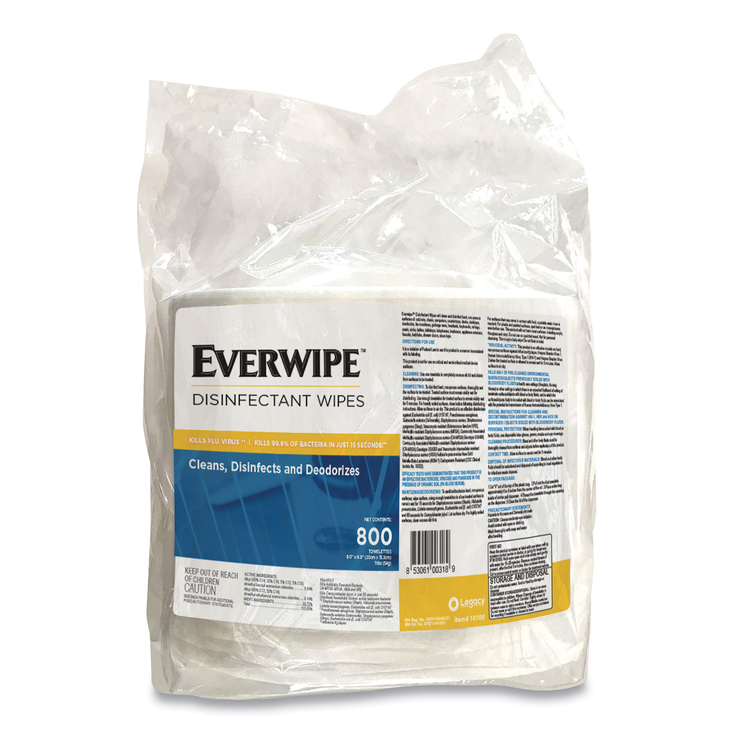  Legacy 10100 Everwipe Disinfectant Wipes, 6 x 8, 800/Bag, 4 Bags/Carton (GN110100) 