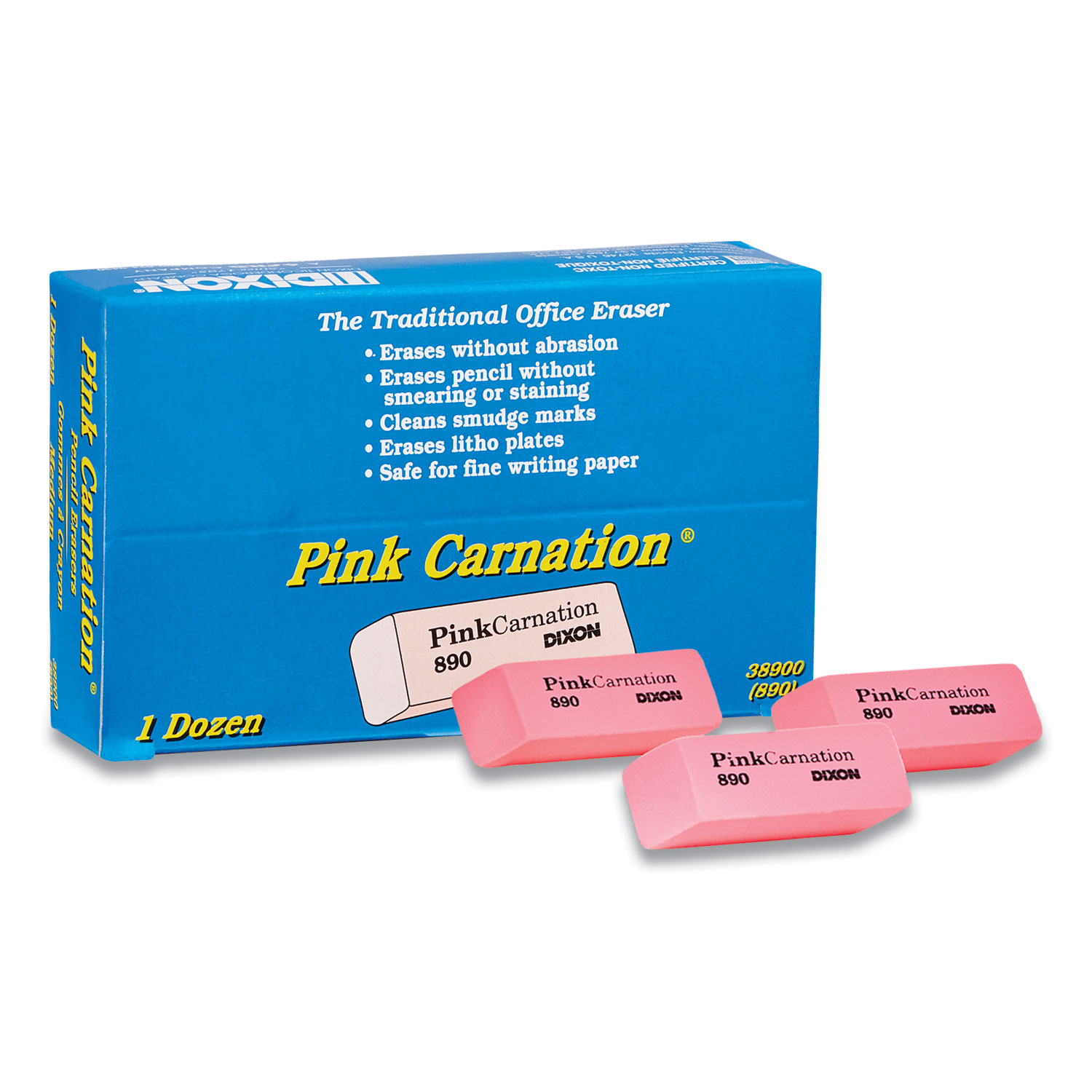  Dixon 38900 Pink Carnation Erasers, Medium, Pink,  1 Dozen (DIX500454) 