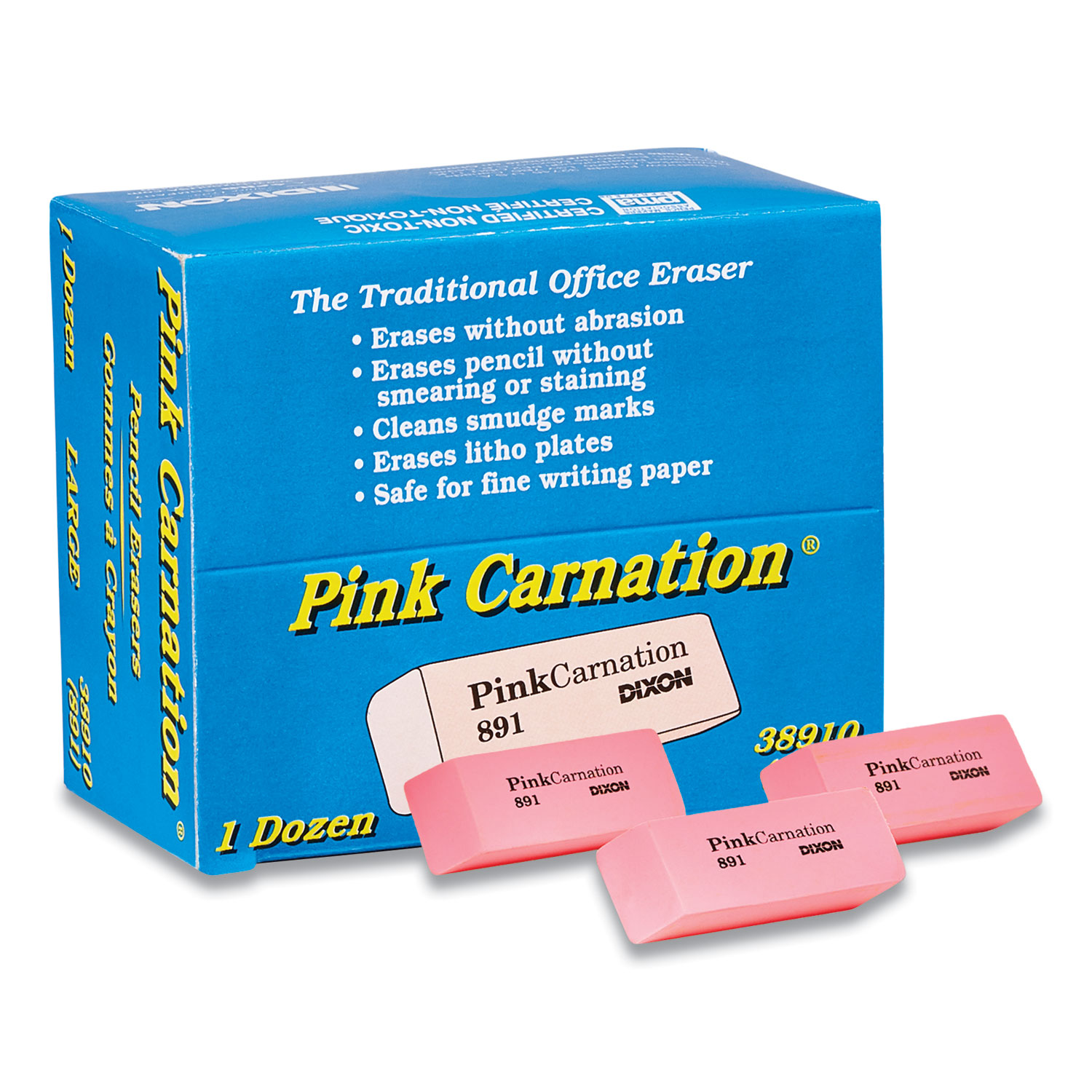  Dixon 38910 Pink Carnation Erasers, Large, Pink, 1 Dozen (DIX500462) 