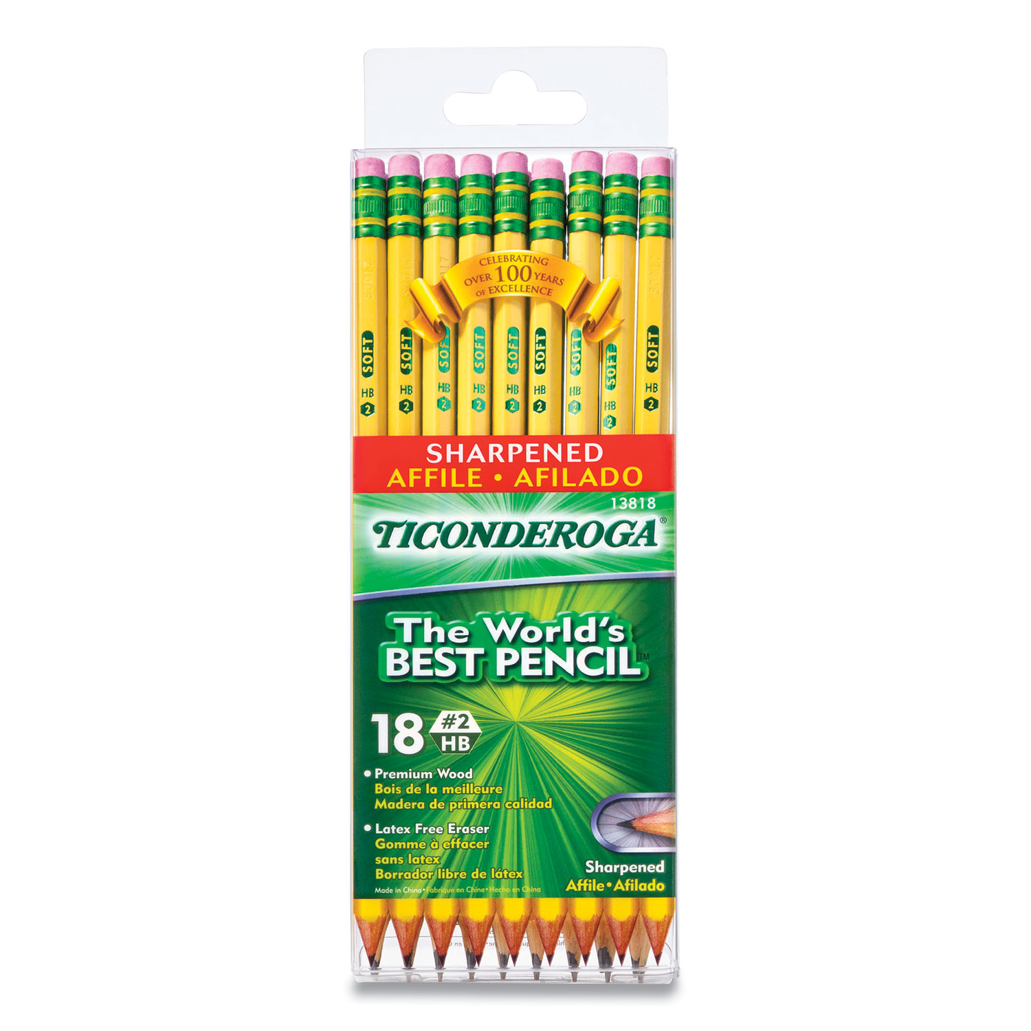  Ticonderoga 13818 Pre-Sharpened Pencil, HB (#2), Black Lead, Yellow Barrel, 18/Pack (DIX731727) 