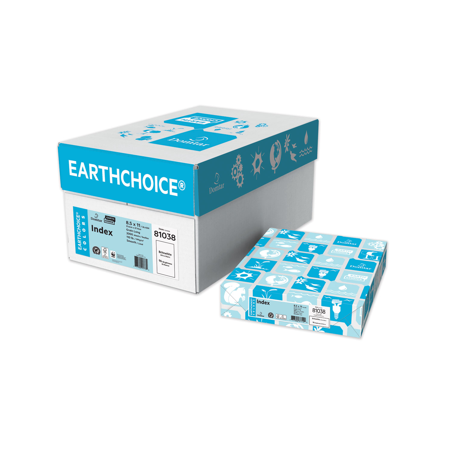  Domtar 81038 EarthChoice Cover Stock, Index, 96 Bright, 110lb, 8.5 x 11, Bright White, 250/Pack (DMR758881) 
