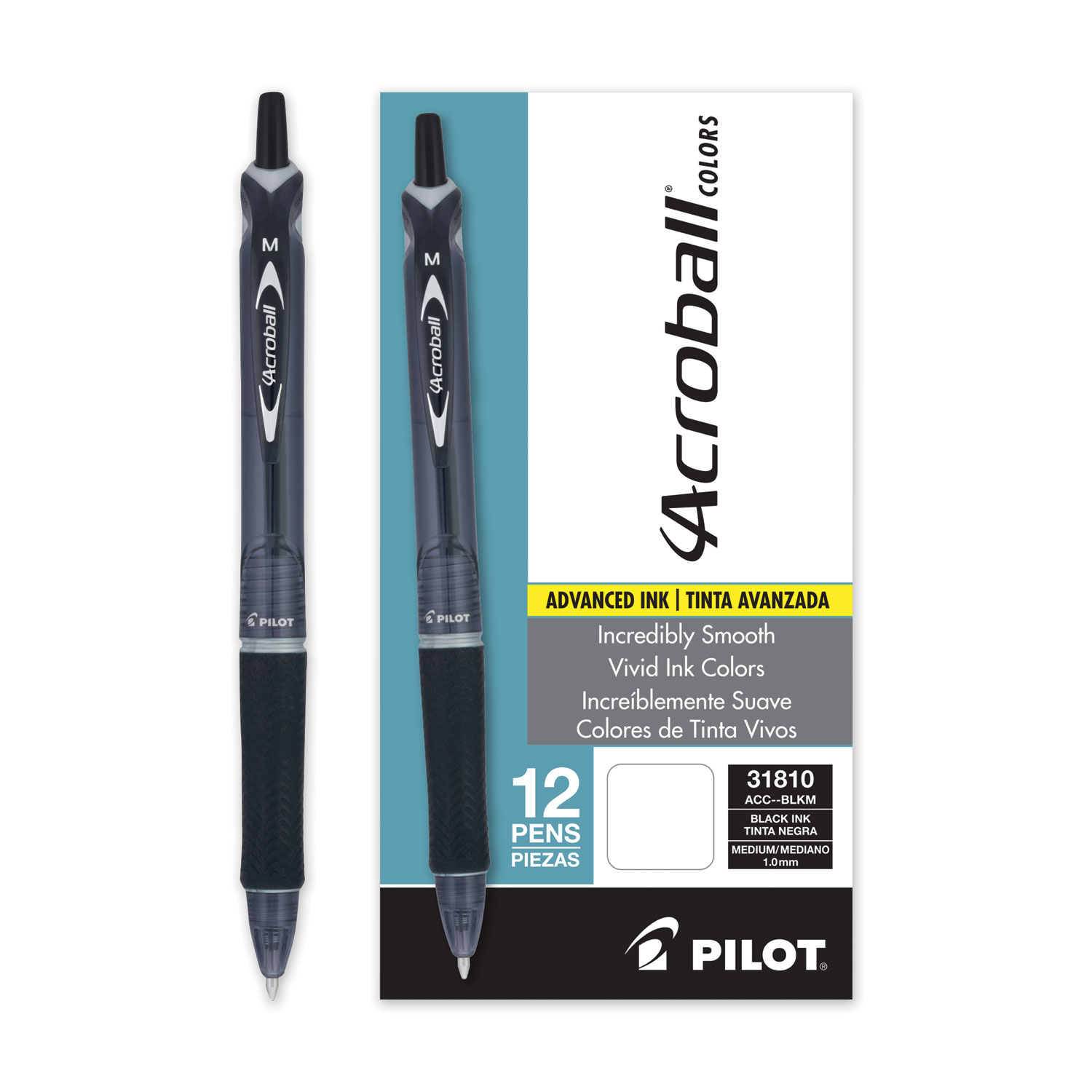  Pilot 31810 Acroball Colors Retractable Ballpoint Pen, Medium 1 mm, Black Ink/Barrel, Dozen (PIL220815) 