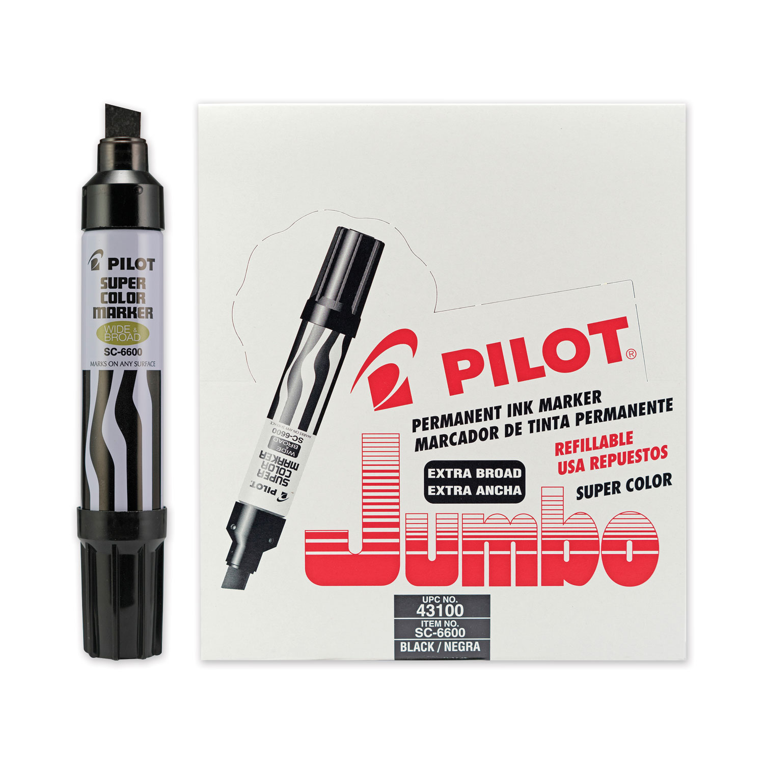  Pilot 43100-BLK Super Color Refillable Permanent Marker, Extra-Broad Chisel Point, Black (PIL630939) 