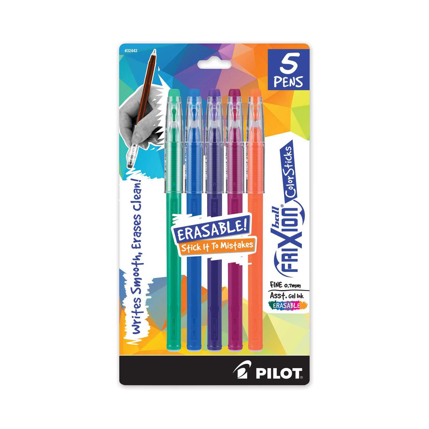 Pilot® FriXion ColorSticks Erasable Stick Gel Pen, Fine 0.7 mm, Assorted Ink/Barrel, 5/Pack