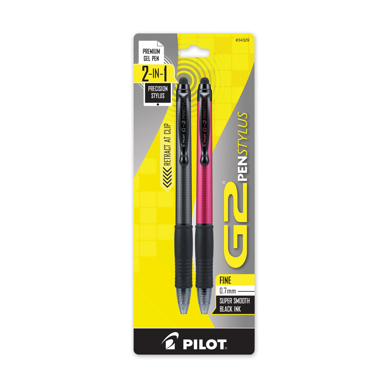Pilot® G2 Retractable Gel Pen/Stylus, Fine 0.7 mm, Black Ink, Assorted Barrel, 2/Pack