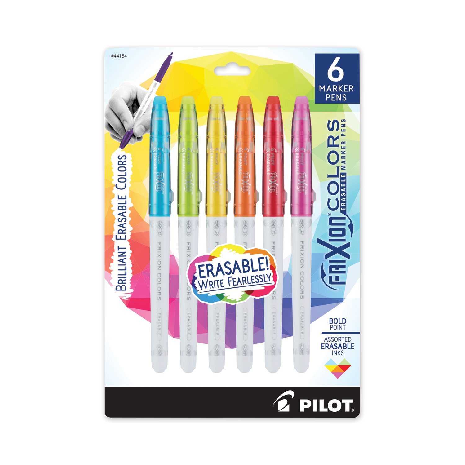 Pilot® FriXion Colors Erasable Stick Marker Pen, Bold 2.5 mm, Assorted Ink, White Barrel, 6/Pack