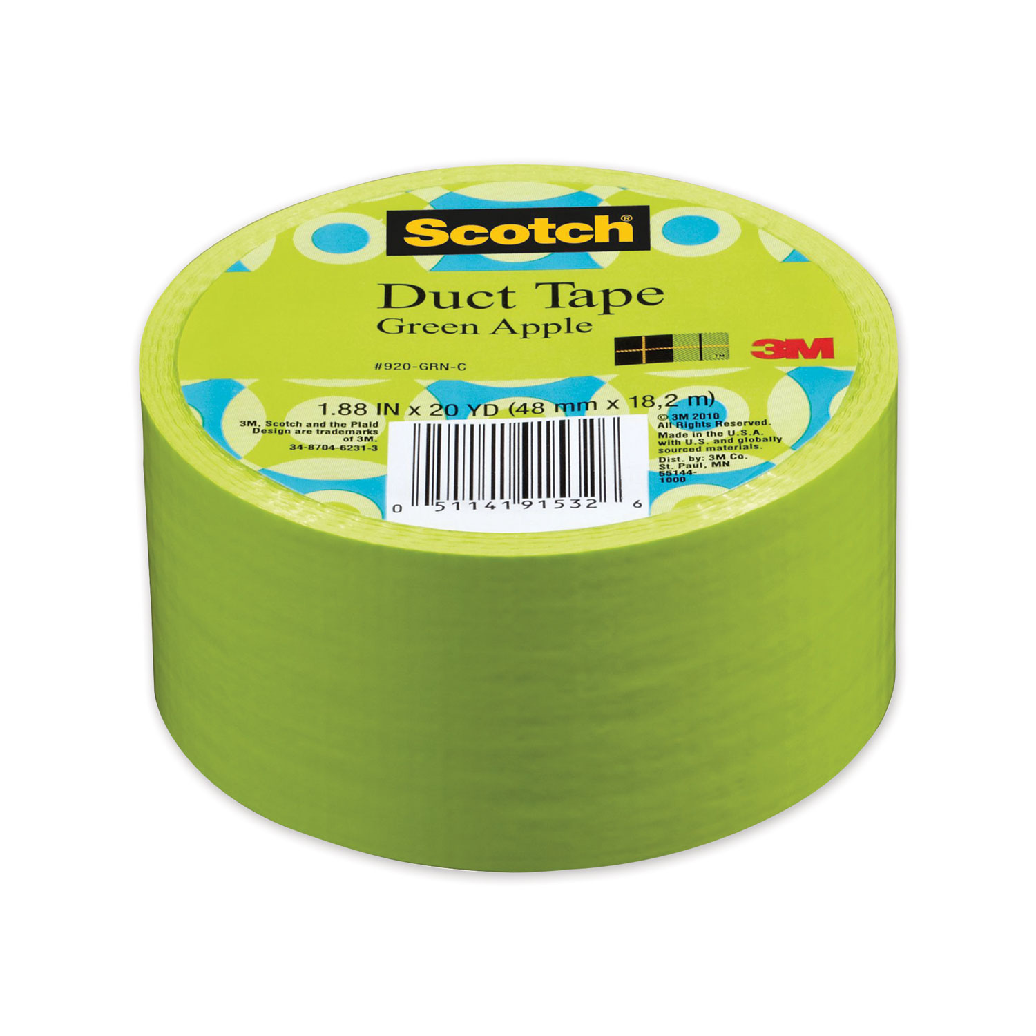  Scotch 920-GRN-C Duct Tape, 1.88 x 20 yds, Green Apple (MMM70005059269) 