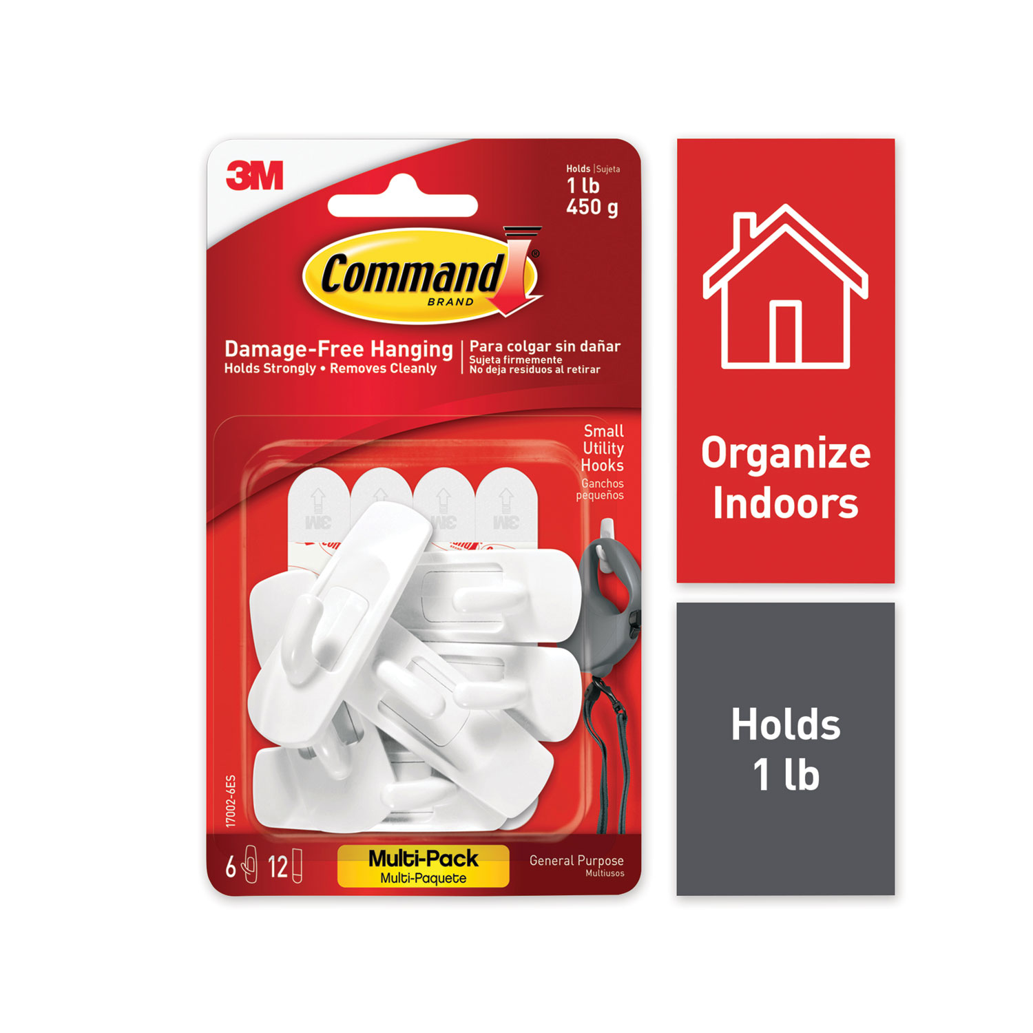 Command™ General Purpose Hooks, Small, Plastic, White, 1 lb Cap, 6 Hooks and 12 Strips/Pack